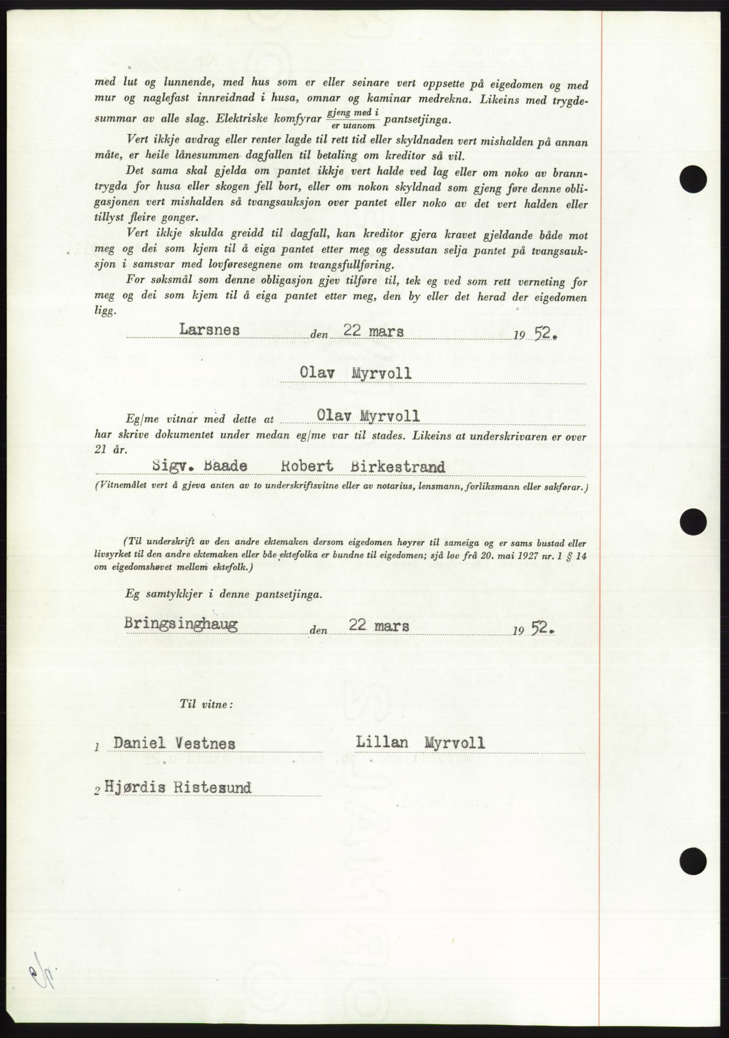 Søre Sunnmøre sorenskriveri, AV/SAT-A-4122/1/2/2C/L0121: Mortgage book no. 9B, 1951-1952, Diary no: : 585/1952