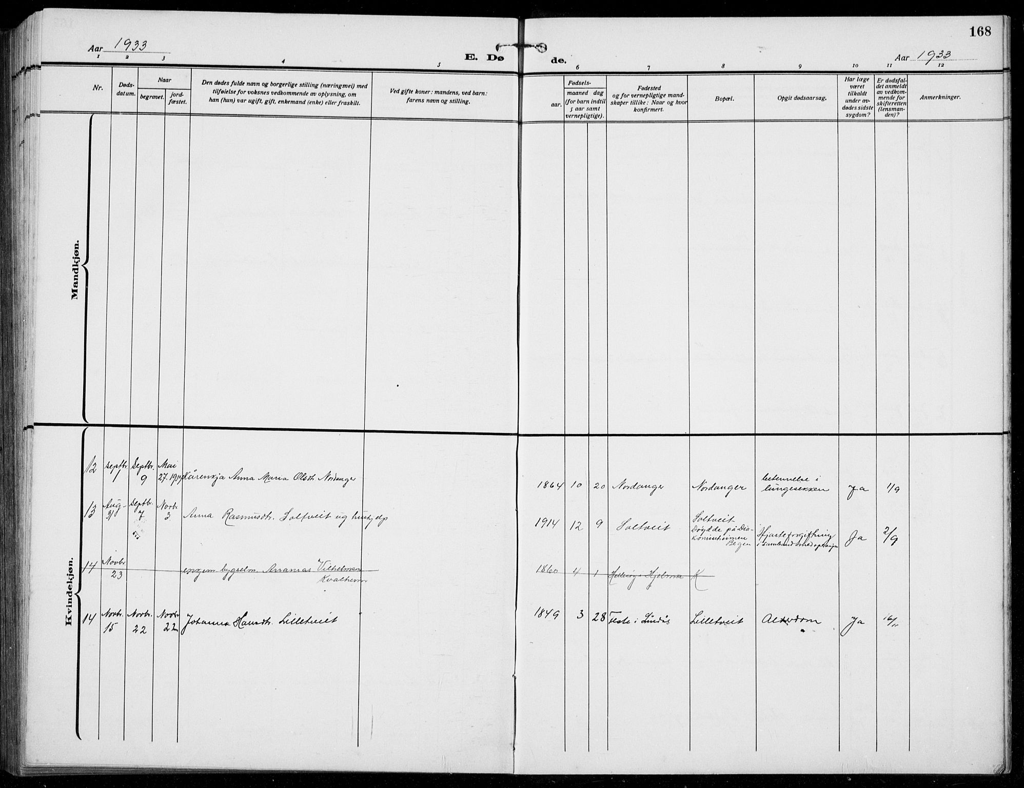 Manger sokneprestembete, SAB/A-76801/H/Hab: Parish register (copy) no. B  5, 1922-1938, p. 168