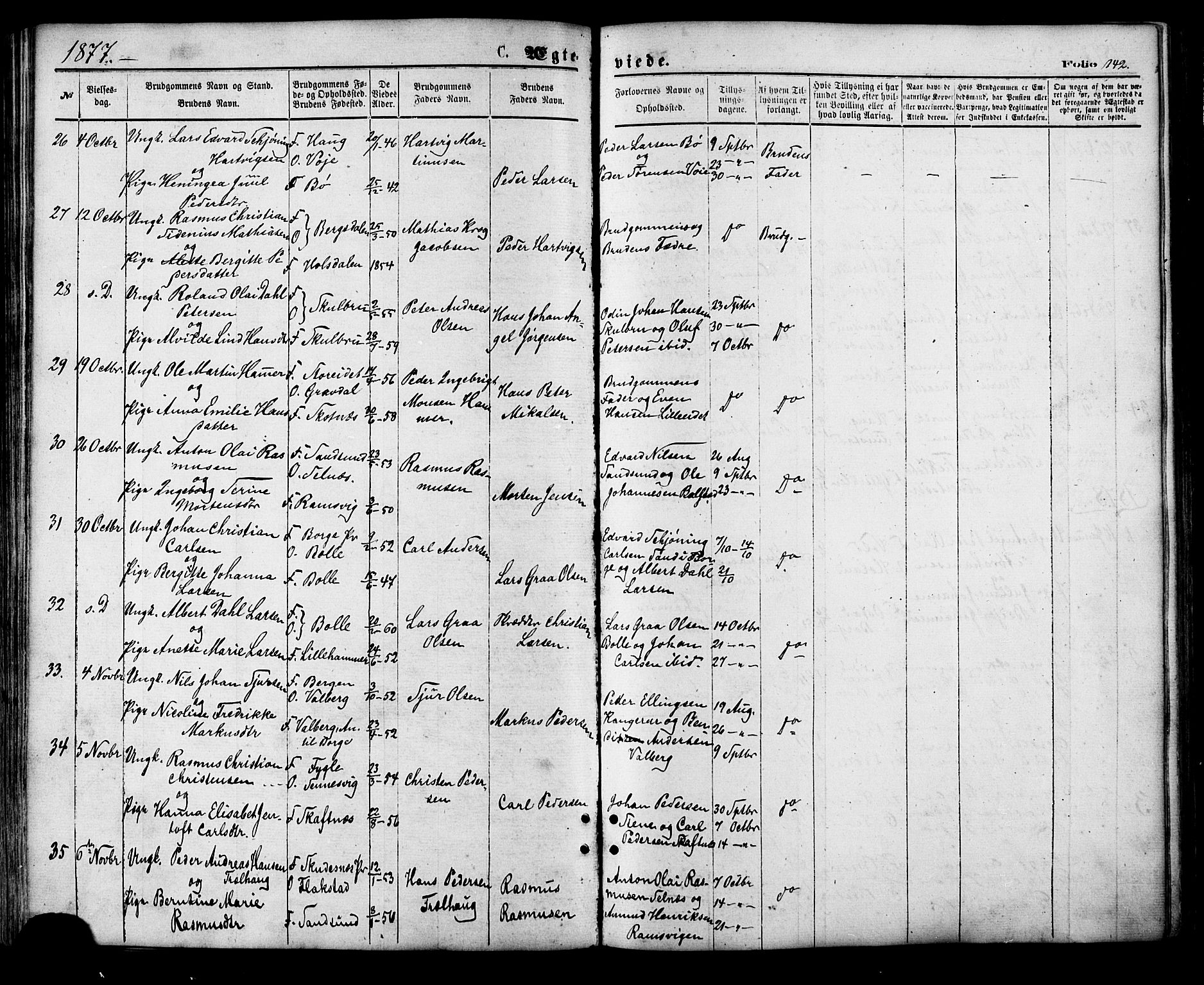 Ministerialprotokoller, klokkerbøker og fødselsregistre - Nordland, AV/SAT-A-1459/881/L1166: Parish register (copy) no. 881C03, 1876-1885, p. 142