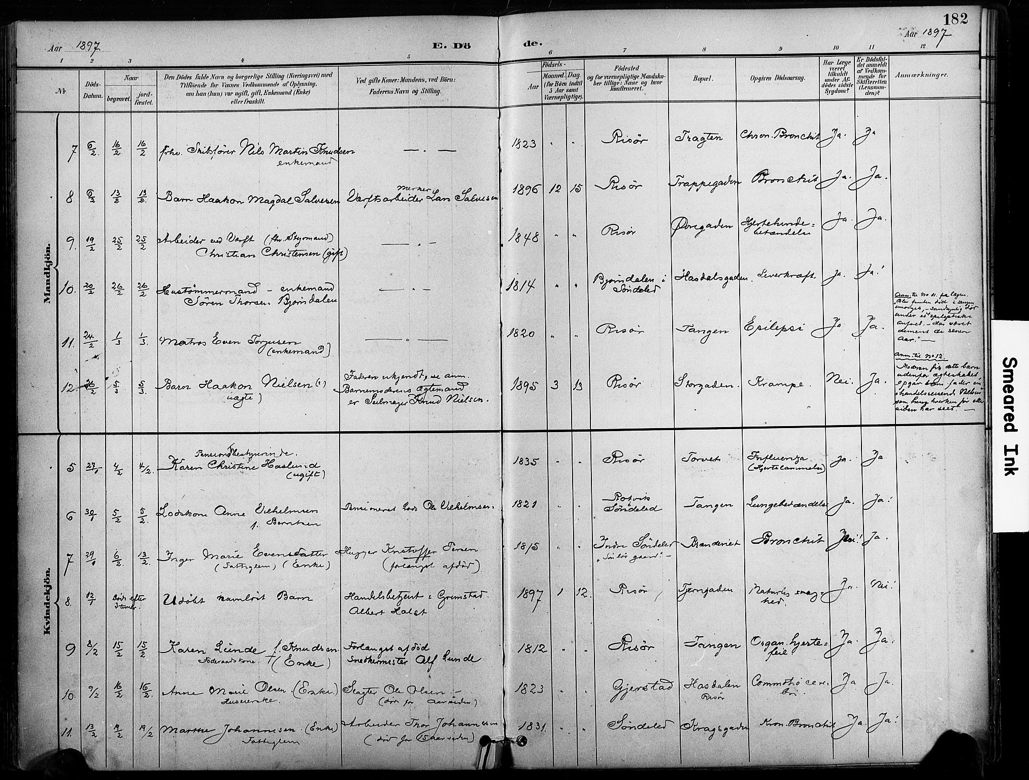 Risør sokneprestkontor, SAK/1111-0035/F/Fa/L0010: Parish register (official) no. A 10, 1896-1906, p. 182