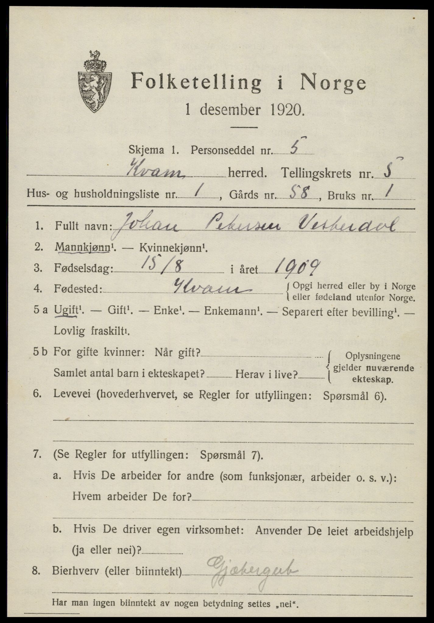 SAT, 1920 census for Kvam, 1920, p. 1385