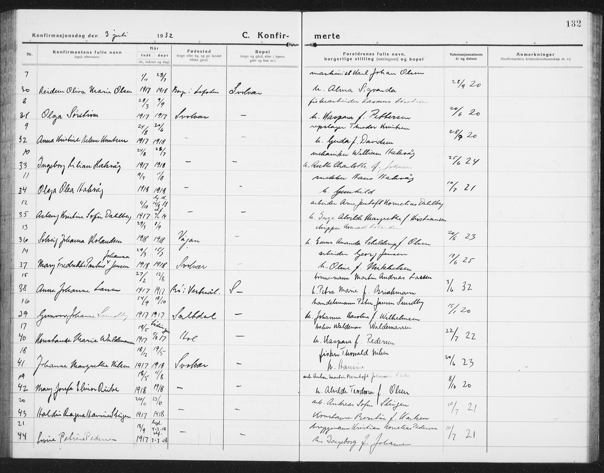 Ministerialprotokoller, klokkerbøker og fødselsregistre - Nordland, AV/SAT-A-1459/877/L1117: Parish register (copy) no. 877C01, 1923-1942, p. 132
