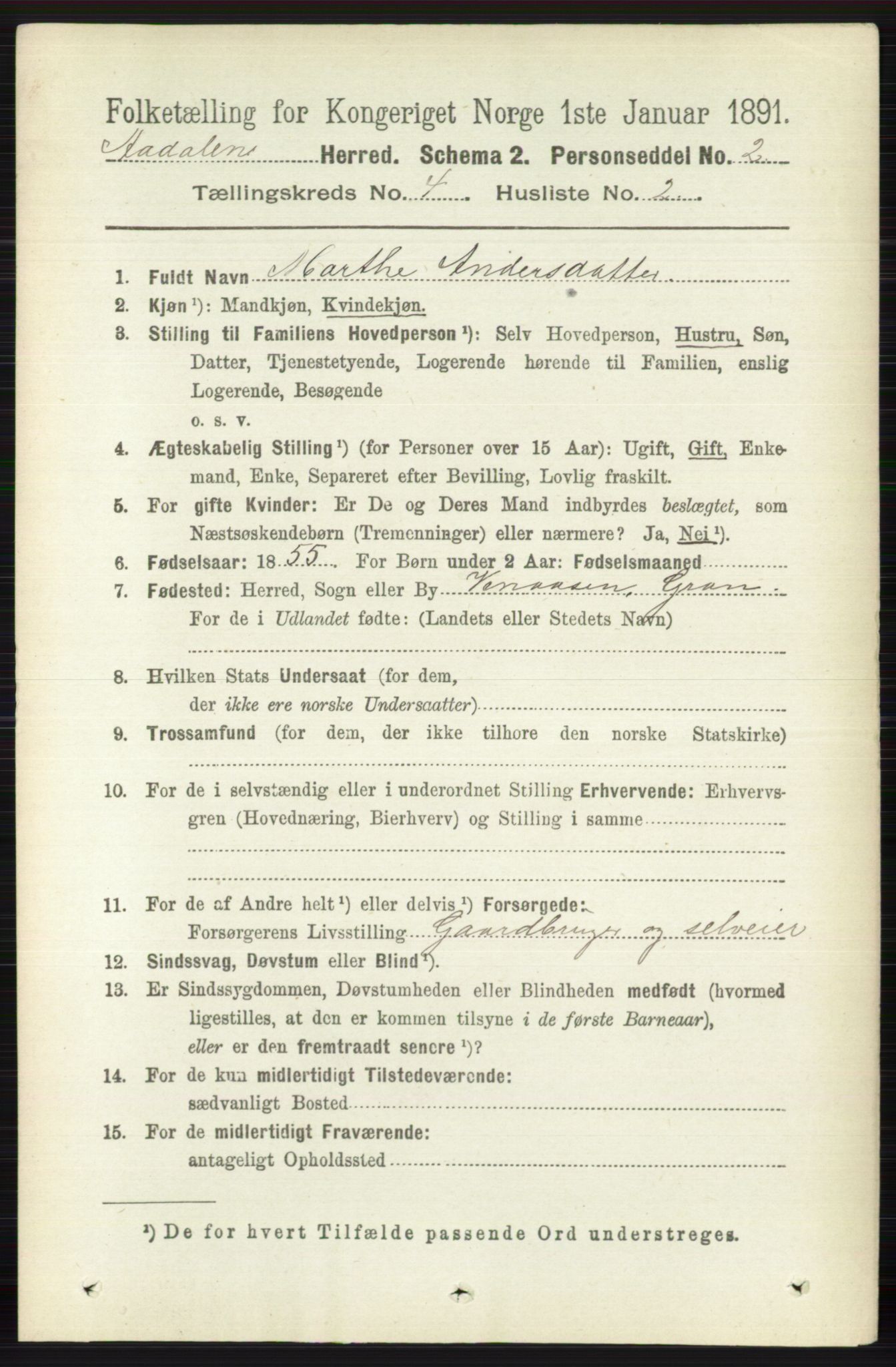 RA, 1891 census for 0614 Ådal, 1891, p. 1527