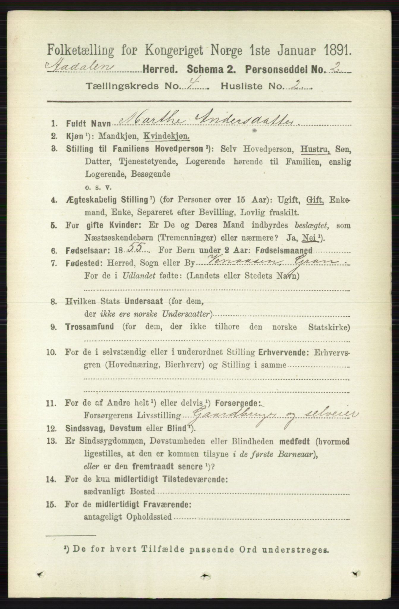 RA, 1891 census for 0614 Ådal, 1891, p. 1527