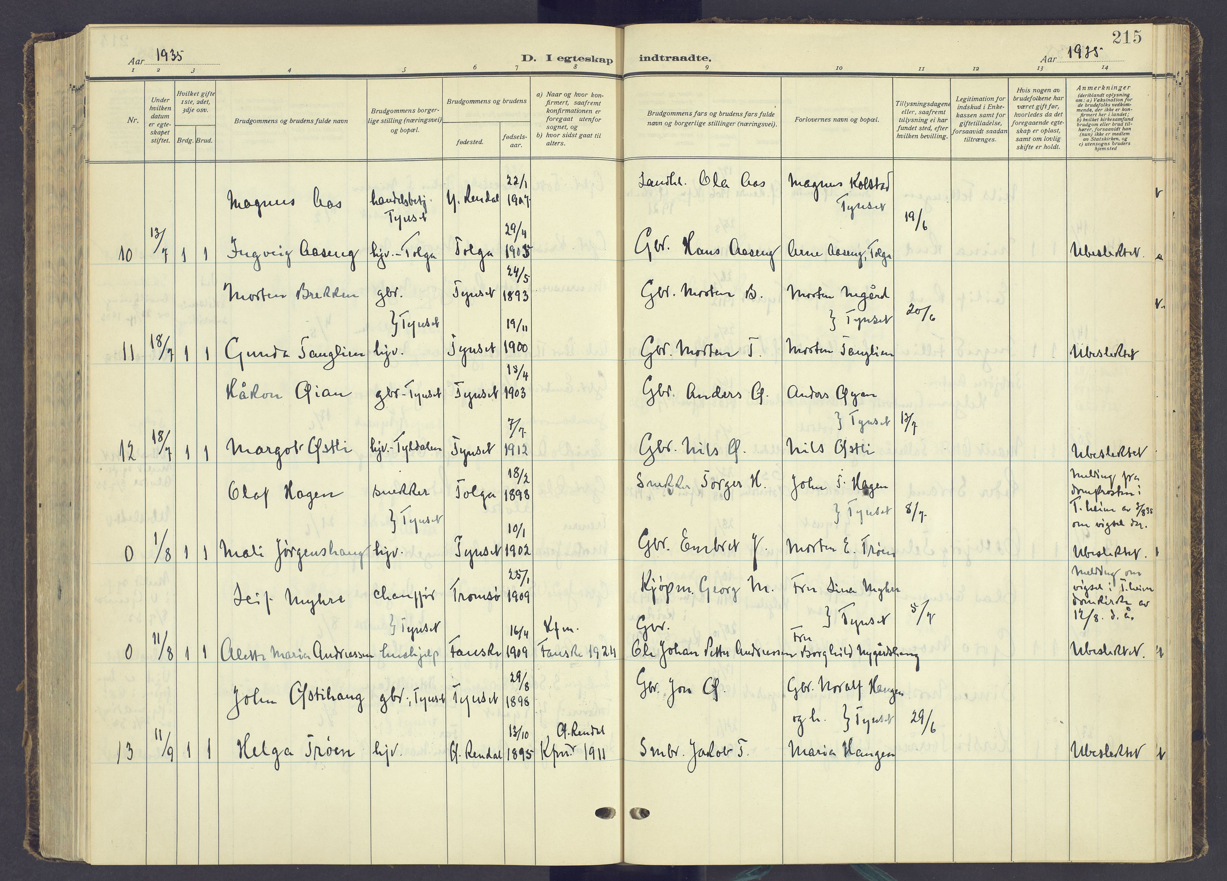 Tynset prestekontor, AV/SAH-PREST-058/H/Ha/Haa/L0027: Parish register (official) no. 27, 1930-1944, p. 215