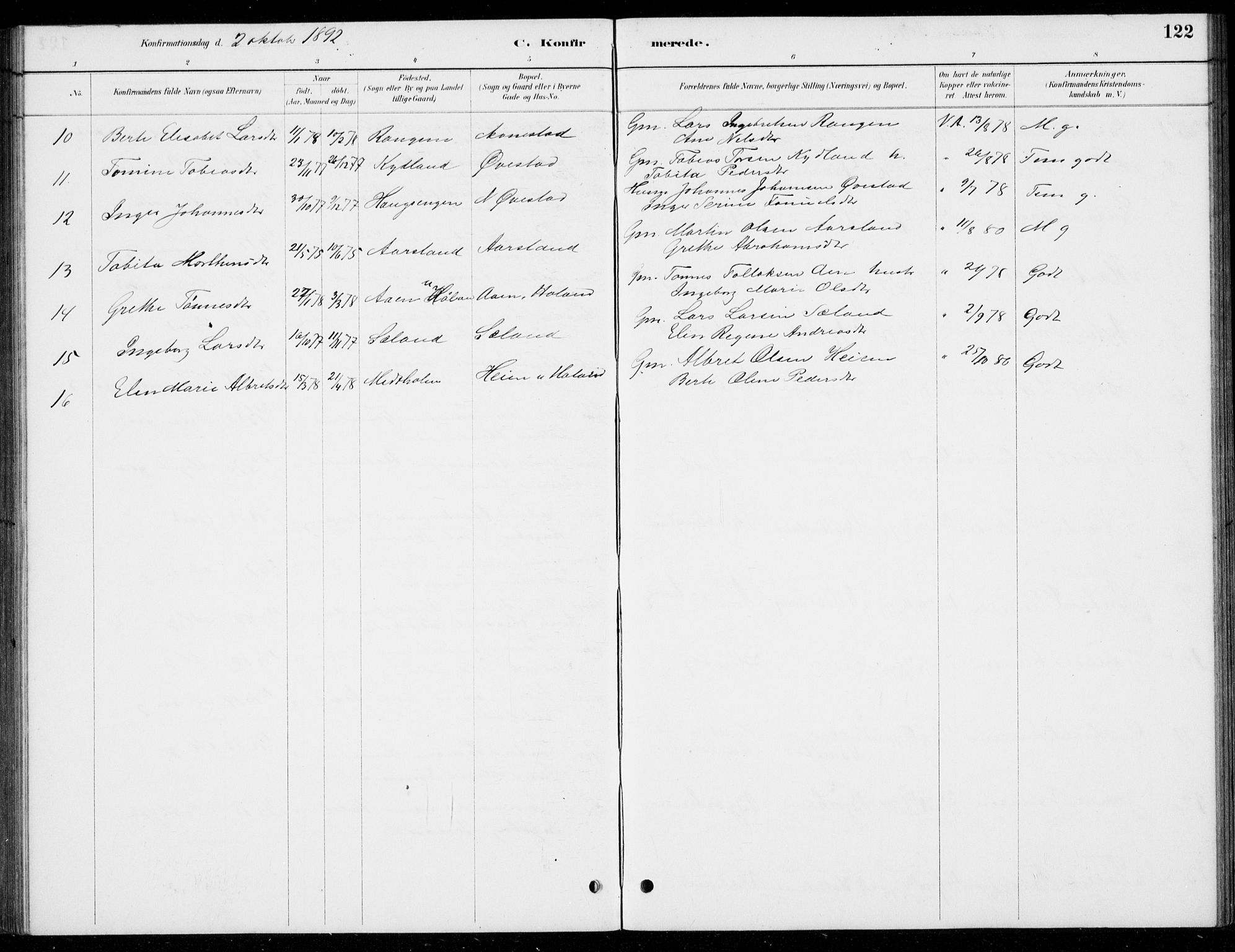 Hå sokneprestkontor, SAST/A-101801/001/30BB/L0004: Parish register (copy) no. B 4, 1883-1899, p. 122