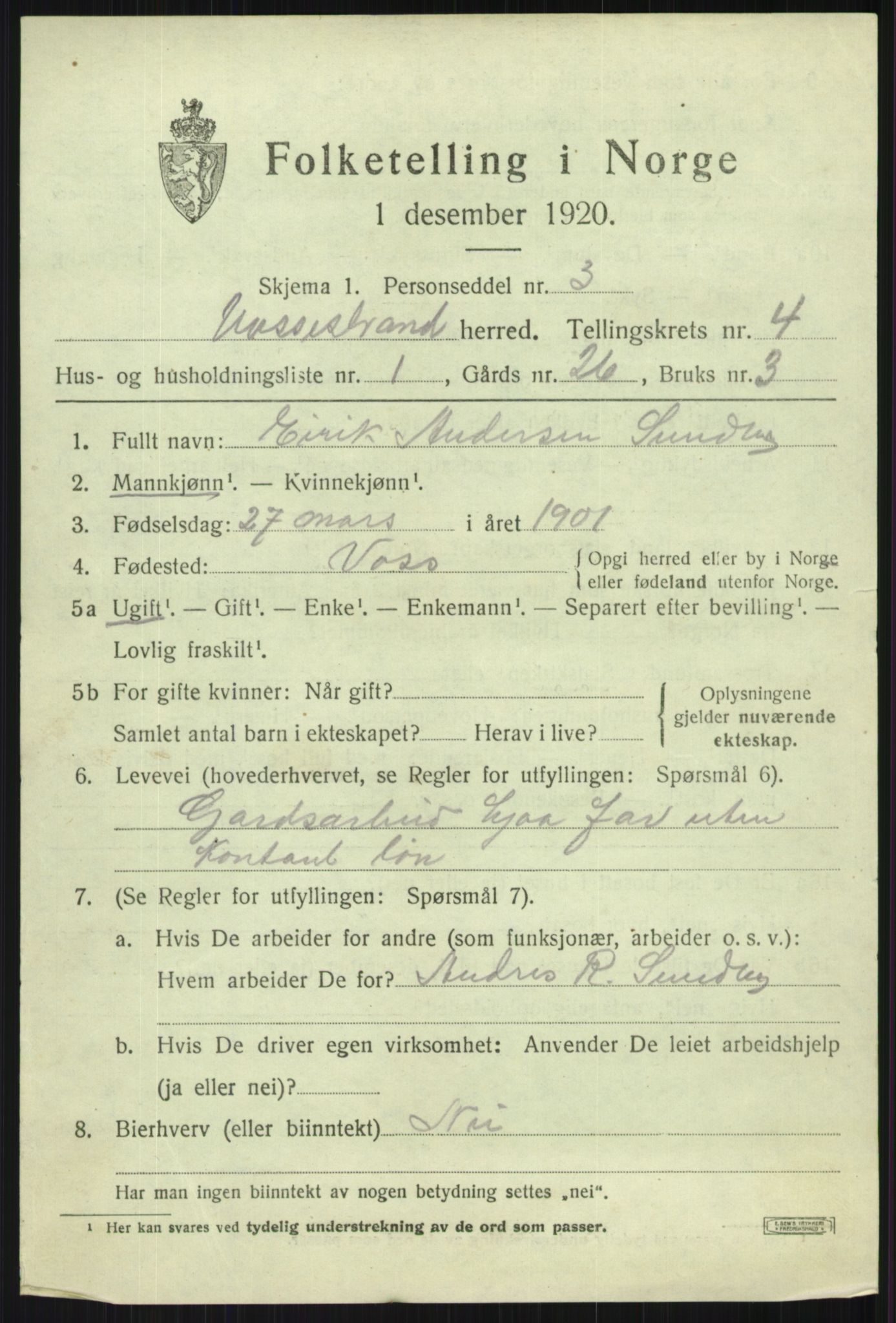 SAB, 1920 census for Vossestrand, 1920, p. 1998