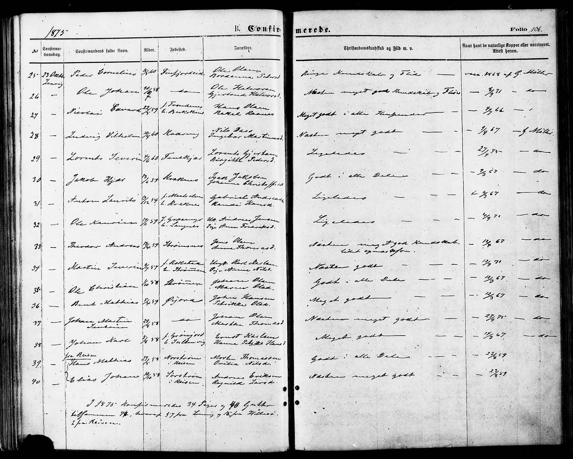 Lenvik sokneprestembete, SATØ/S-1310/H/Ha/Haa/L0010kirke: Parish register (official) no. 10, 1873-1880, p. 106