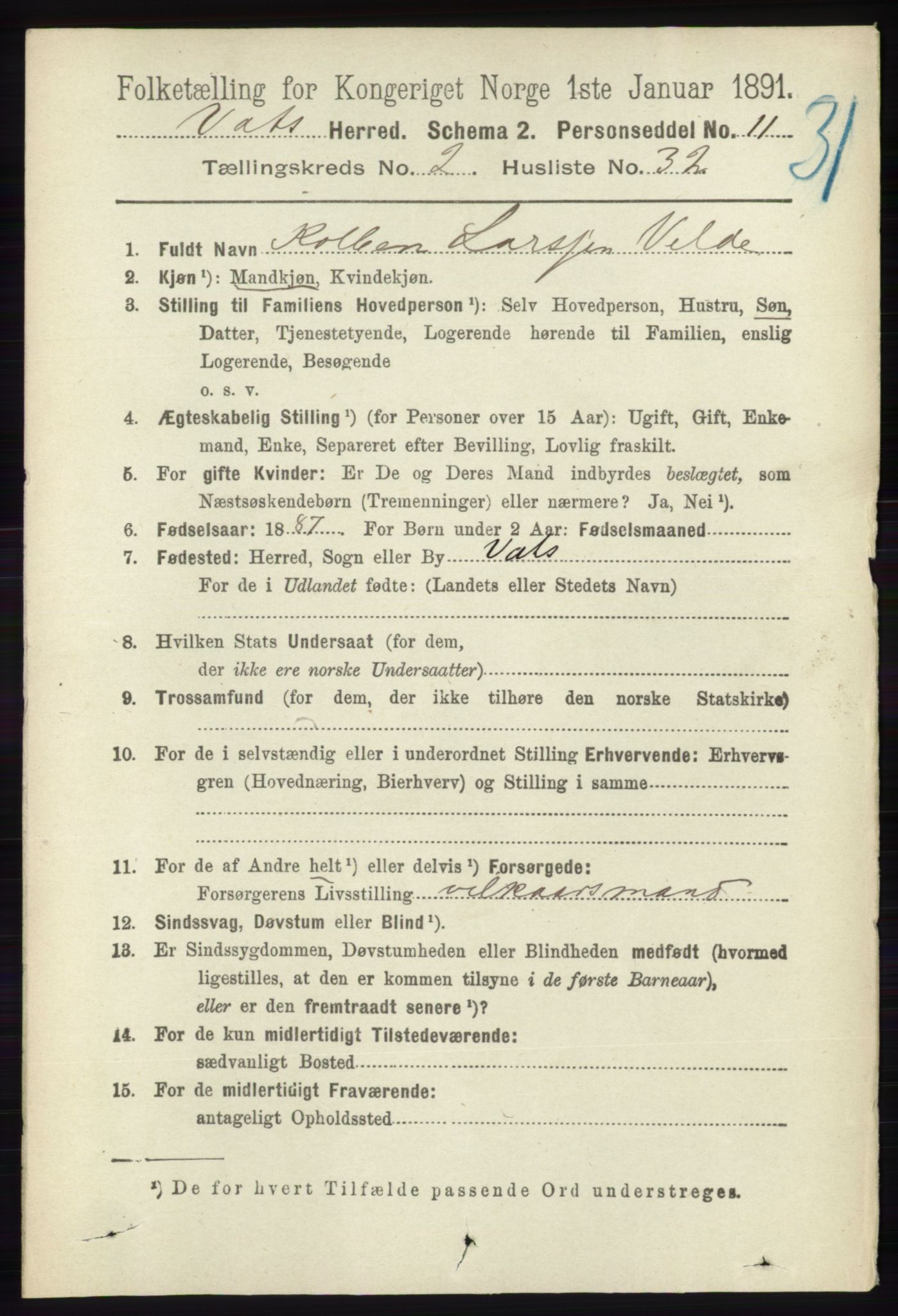 RA, 1891 census for 1155 Vats, 1891, p. 410