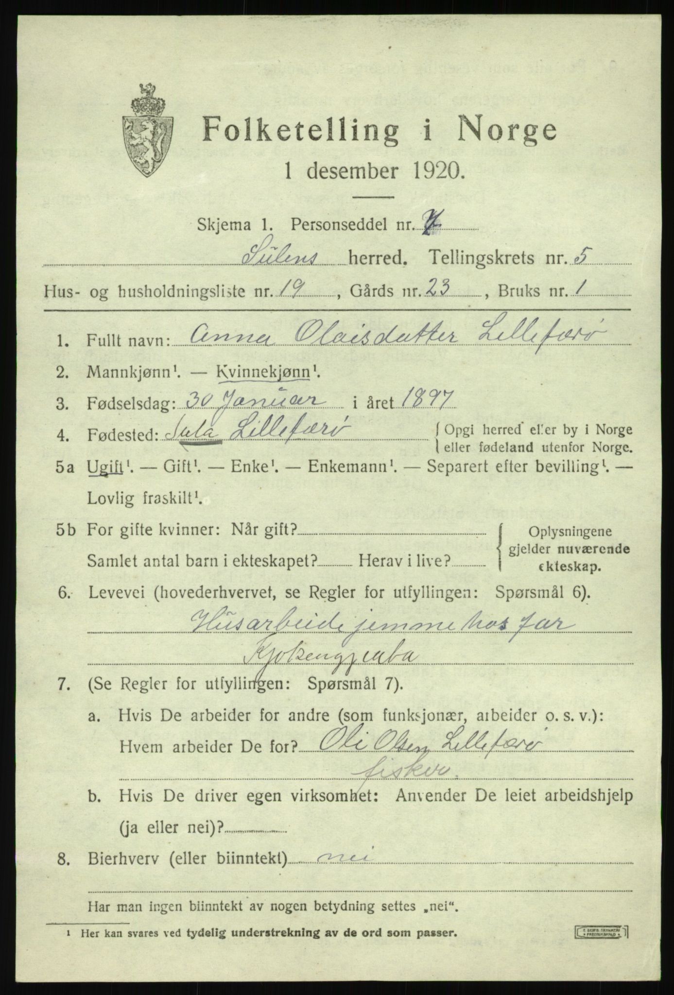 SAB, 1920 census for Solund, 1920, p. 2428