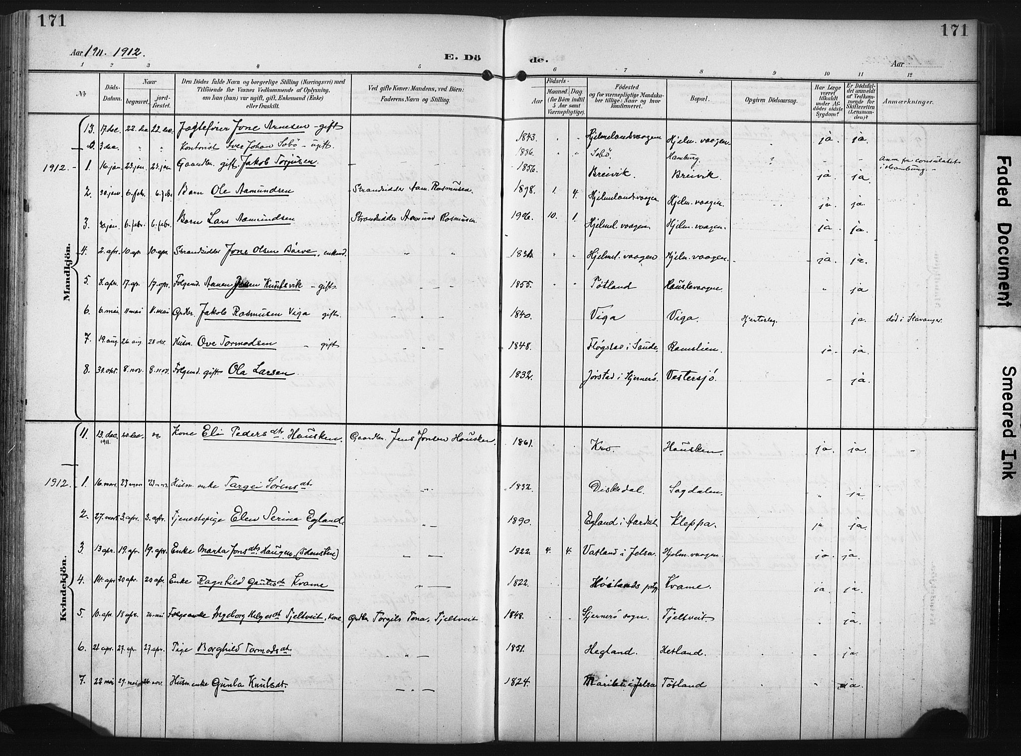 Hjelmeland sokneprestkontor, SAST/A-101843/02/A/L0002: Parish register (official) no. A 17, 1901-1916, p. 171