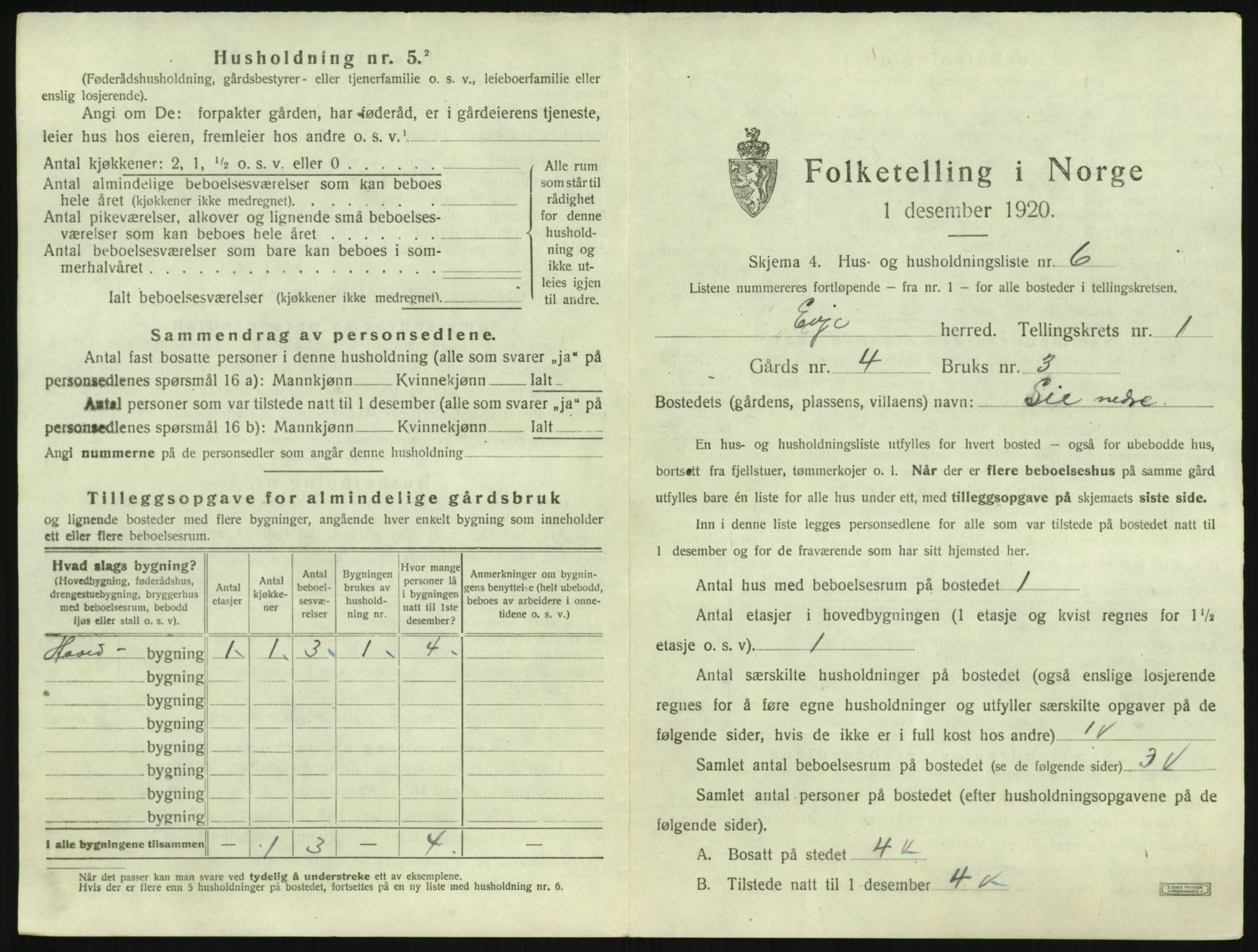 SAK, 1920 census for Evje, 1920, p. 52