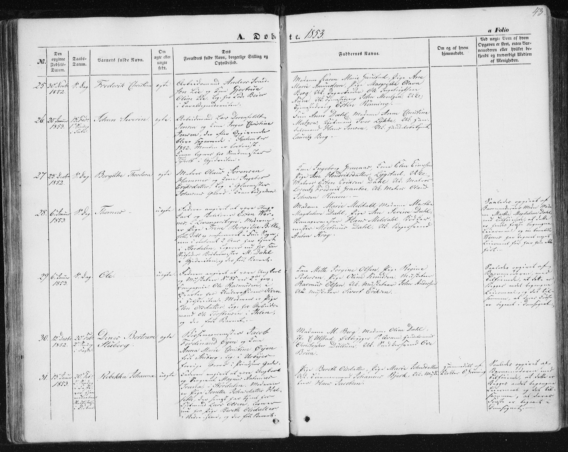 Ministerialprotokoller, klokkerbøker og fødselsregistre - Sør-Trøndelag, AV/SAT-A-1456/602/L0112: Parish register (official) no. 602A10, 1848-1859, p. 43