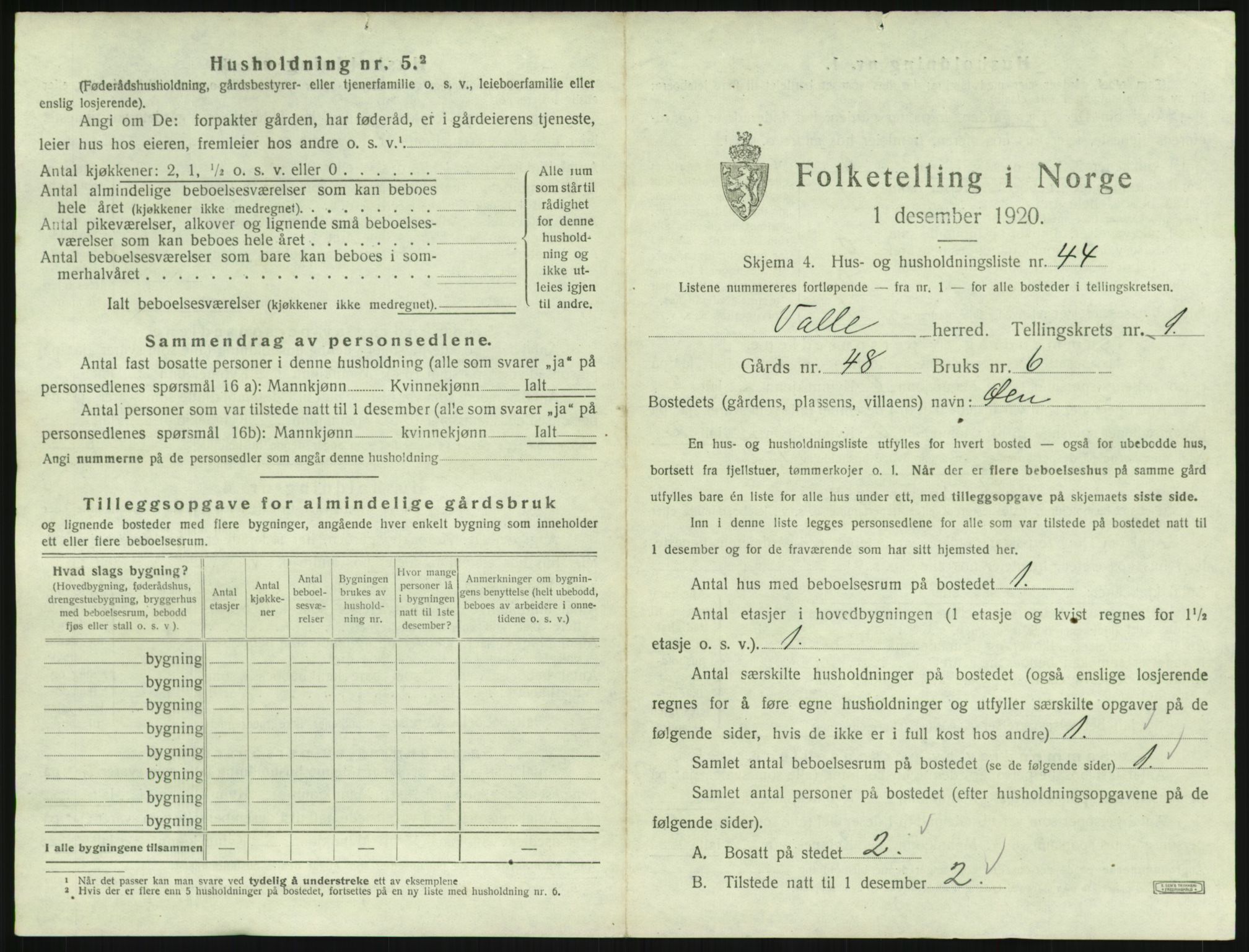 SAK, 1920 census for Valle, 1920, p. 111