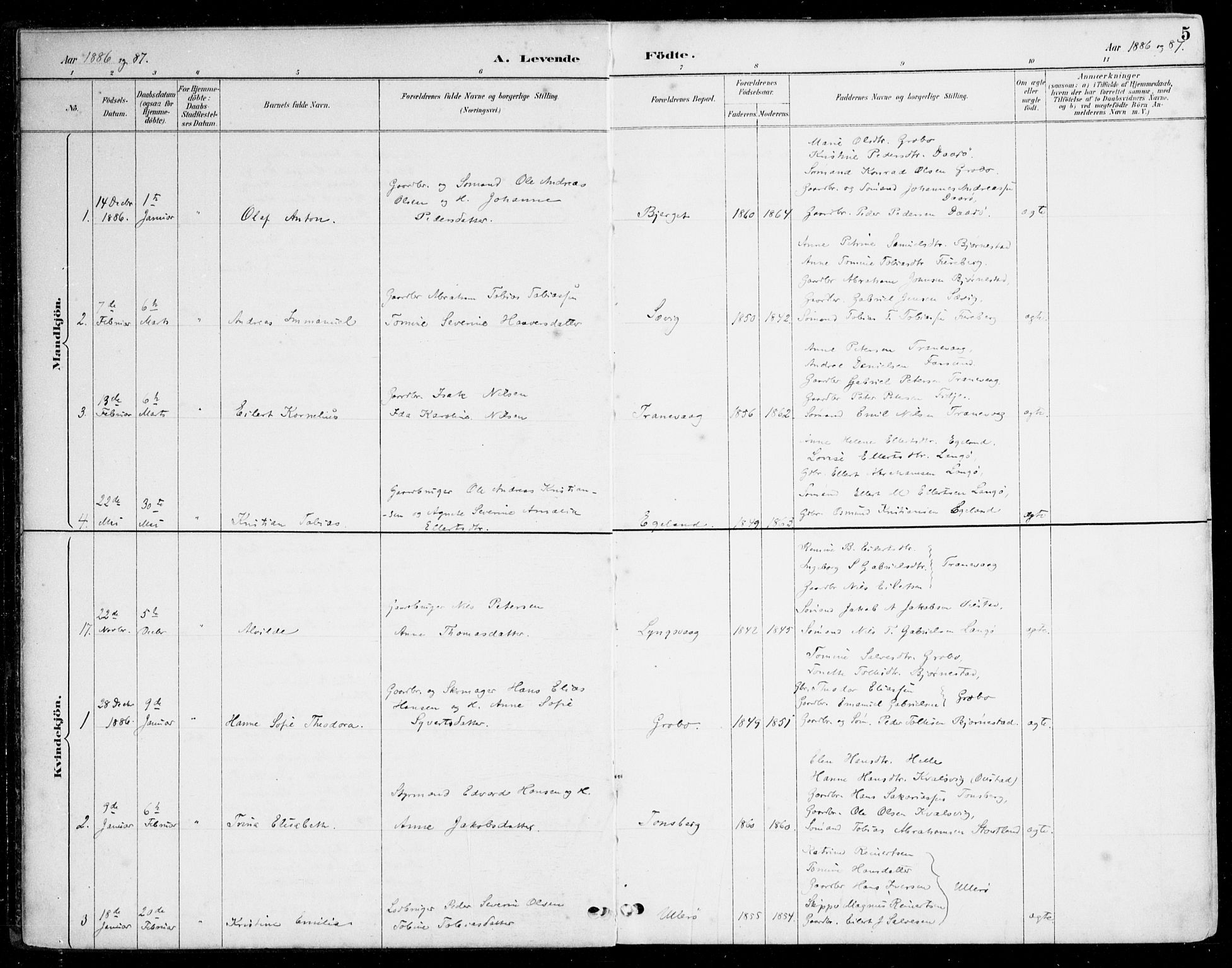 Herad sokneprestkontor, AV/SAK-1111-0018/F/Fa/Fab/L0005: Parish register (official) no. A 5, 1886-1913, p. 5