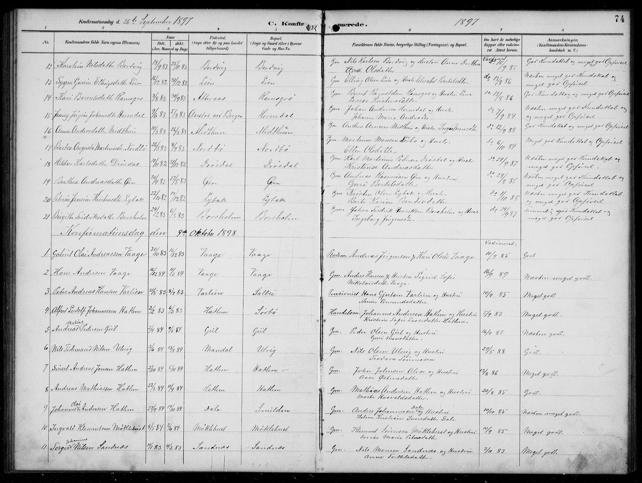Hyllestad sokneprestembete, SAB/A-80401: Parish register (copy) no. C 3, 1894-1913, p. 74