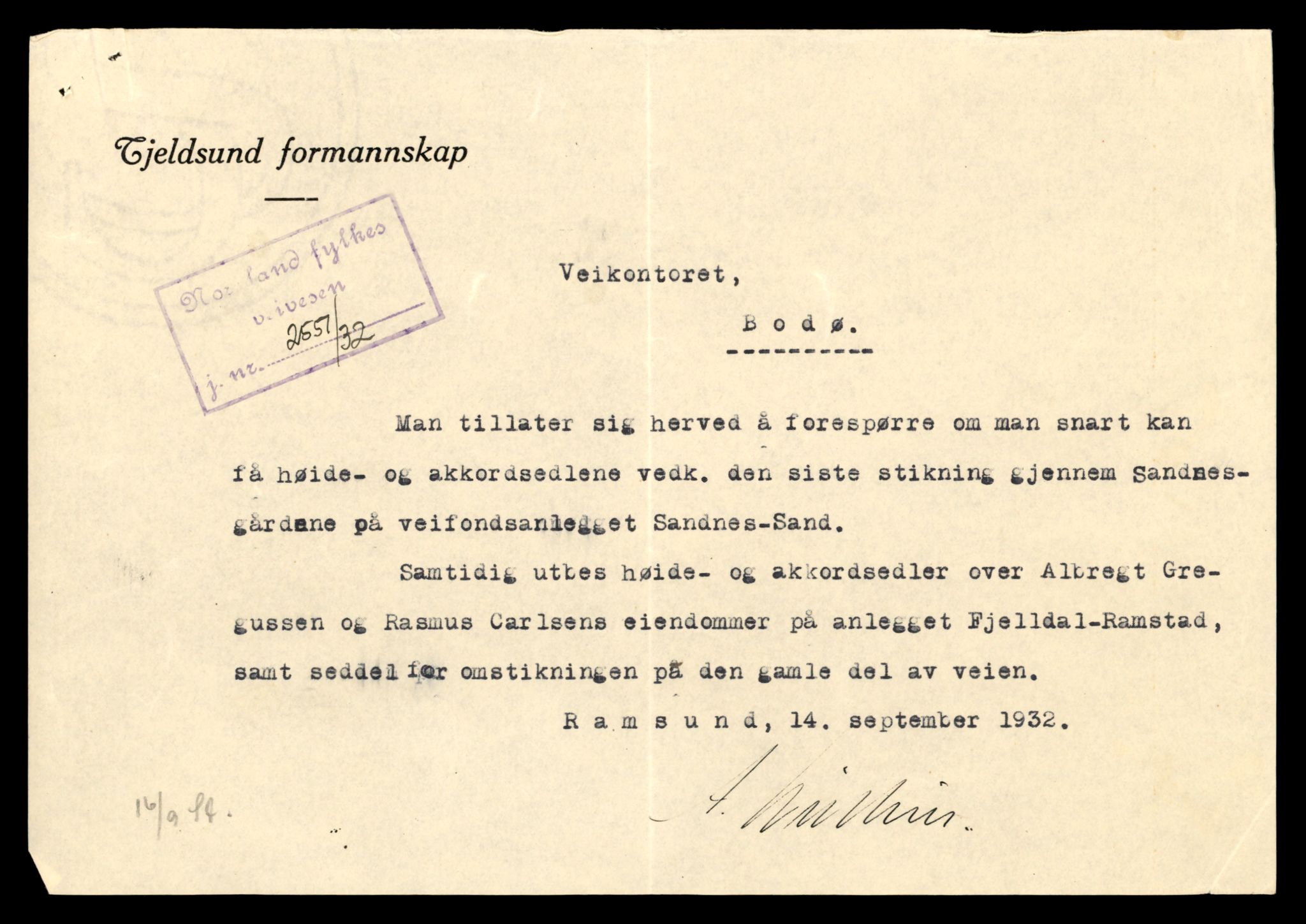 Nordland vegkontor, AV/SAT-A-4181/F/Fa/L0031: Tysfjord/Ballangen/Tjeldsund, 1882-1969, p. 1105