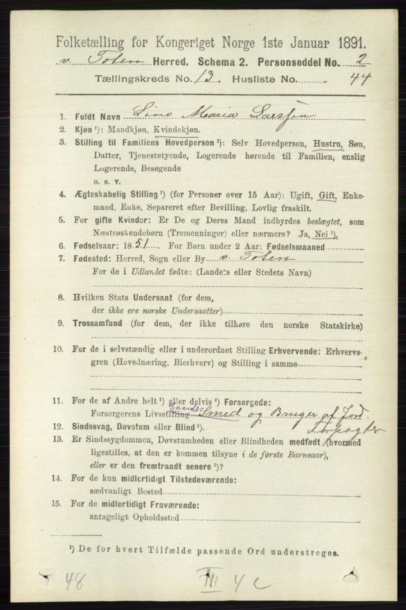 RA, 1891 census for 0529 Vestre Toten, 1891, p. 8043