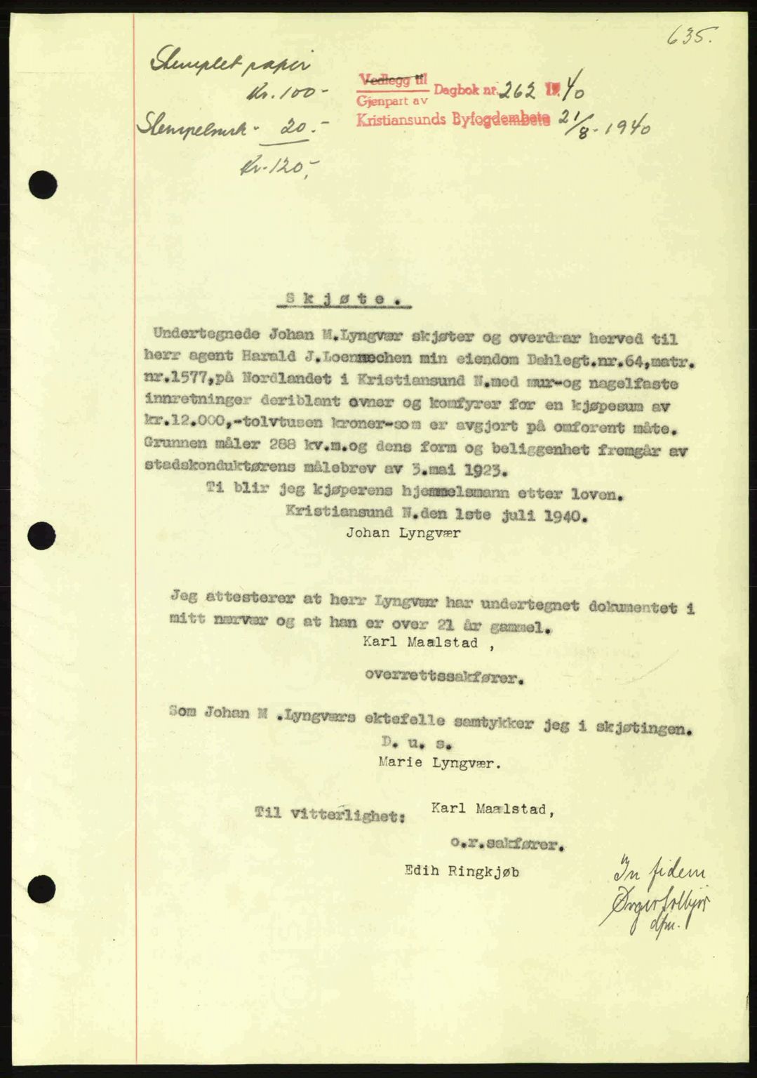 Kristiansund byfogd, AV/SAT-A-4587/A/27: Mortgage book no. 33, 1939-1941, Diary no: : 262/1940