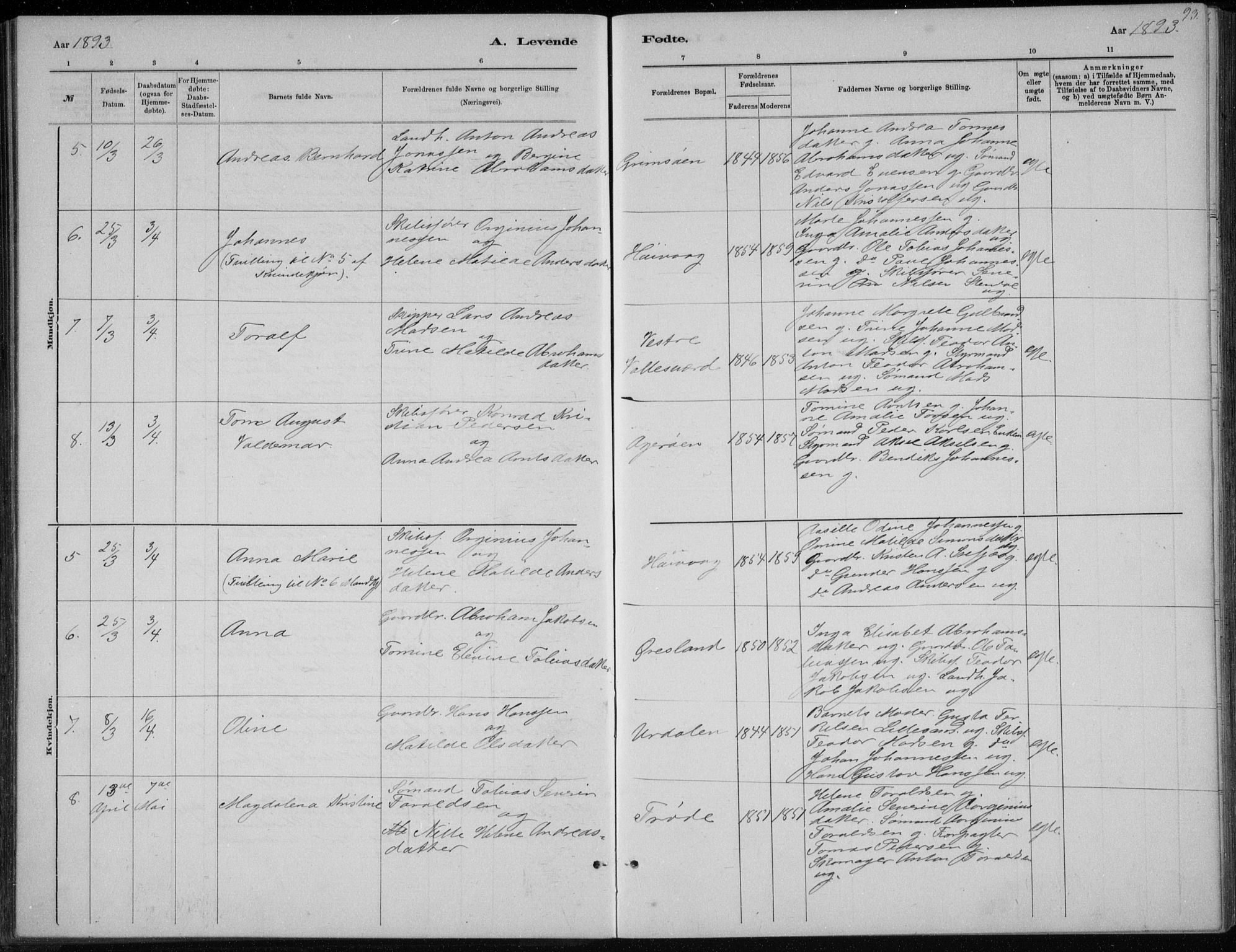 Høvåg sokneprestkontor, SAK/1111-0025/F/Fb/L0004: Parish register (copy) no. B 4, 1883-1898, p. 93