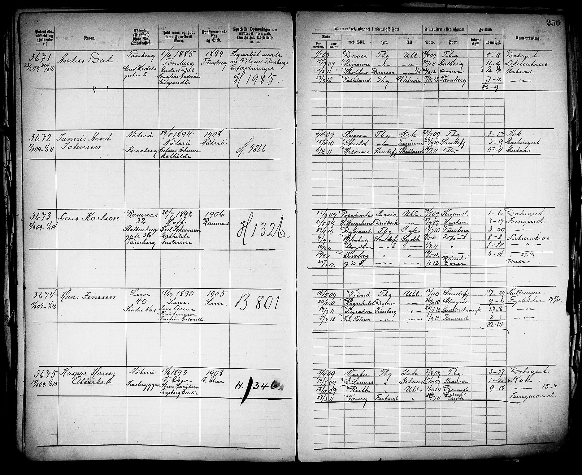 Tønsberg innrulleringskontor, SAKO/A-786/F/Fb/L0005: Annotasjonsrulle Patent nr. 2401-4080, 1904-1910, p. 258