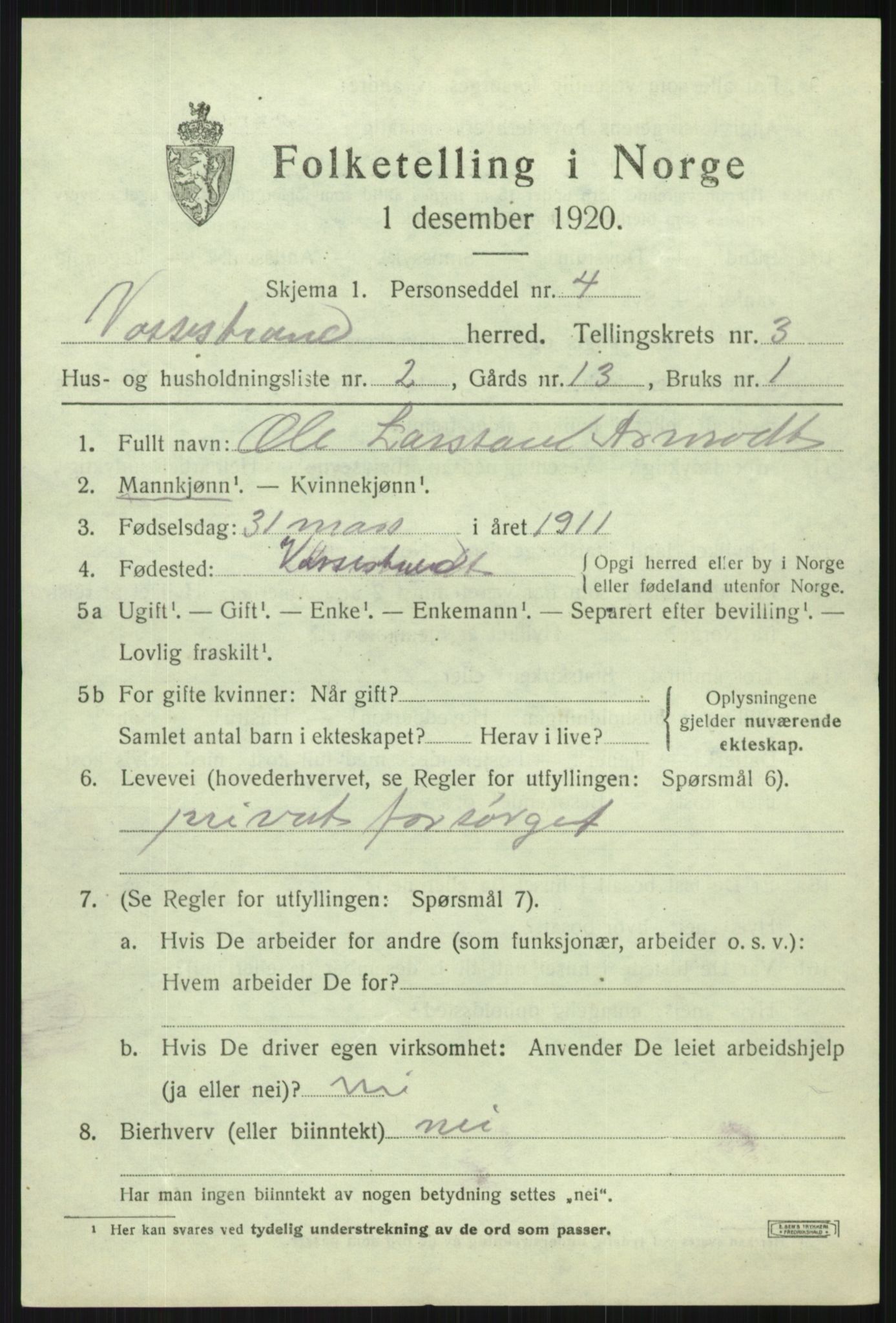 SAB, 1920 census for Vossestrand, 1920, p. 1448