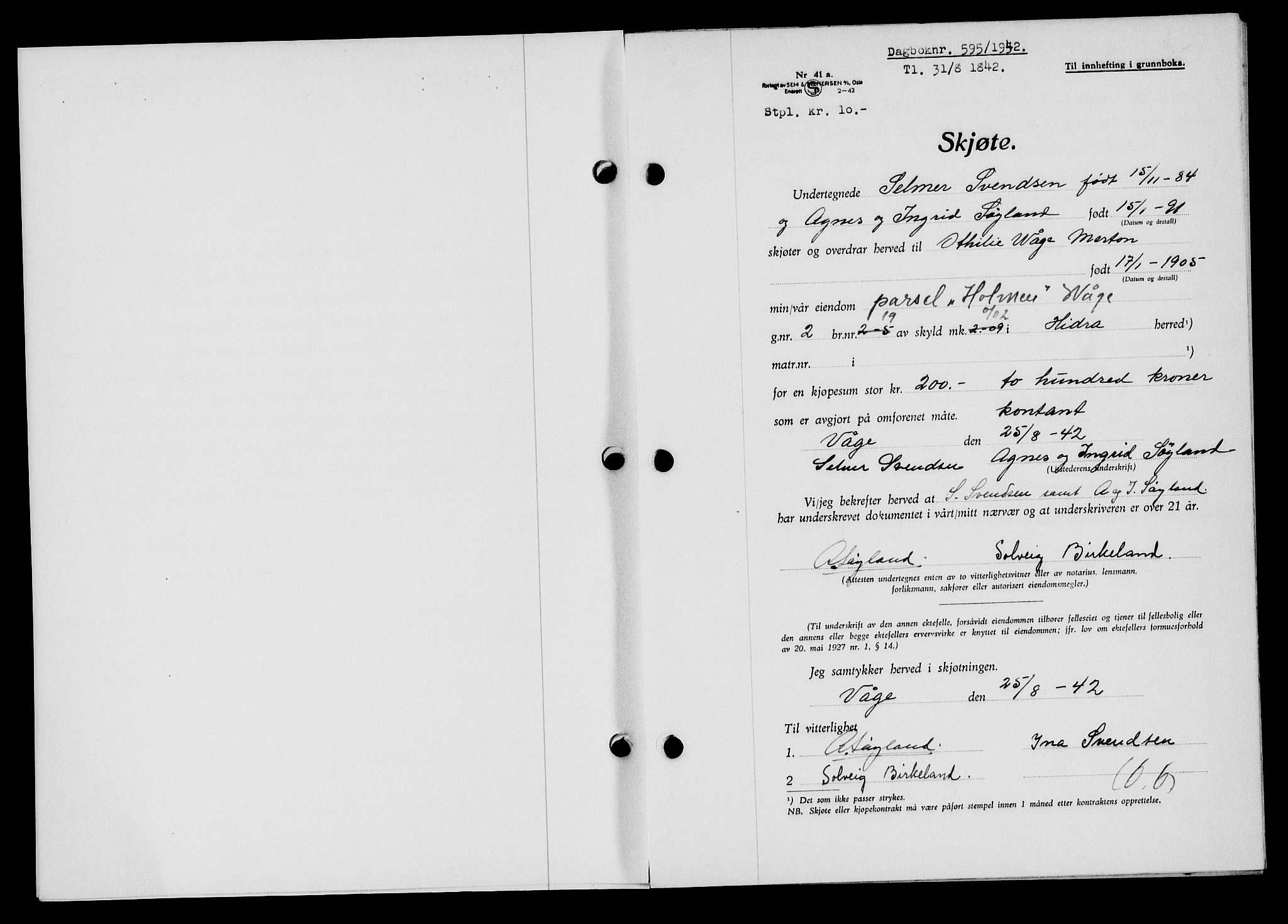 Flekkefjord sorenskriveri, AV/SAK-1221-0001/G/Gb/Gba/L0057: Mortgage book no. A-5, 1941-1942, Diary no: : 595/1942