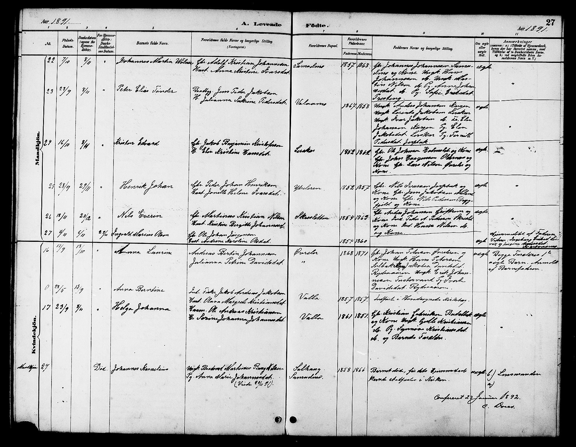 Ministerialprotokoller, klokkerbøker og fødselsregistre - Nordland, AV/SAT-A-1459/826/L0383: Parish register (copy) no. 826C03, 1887-1896, p. 27