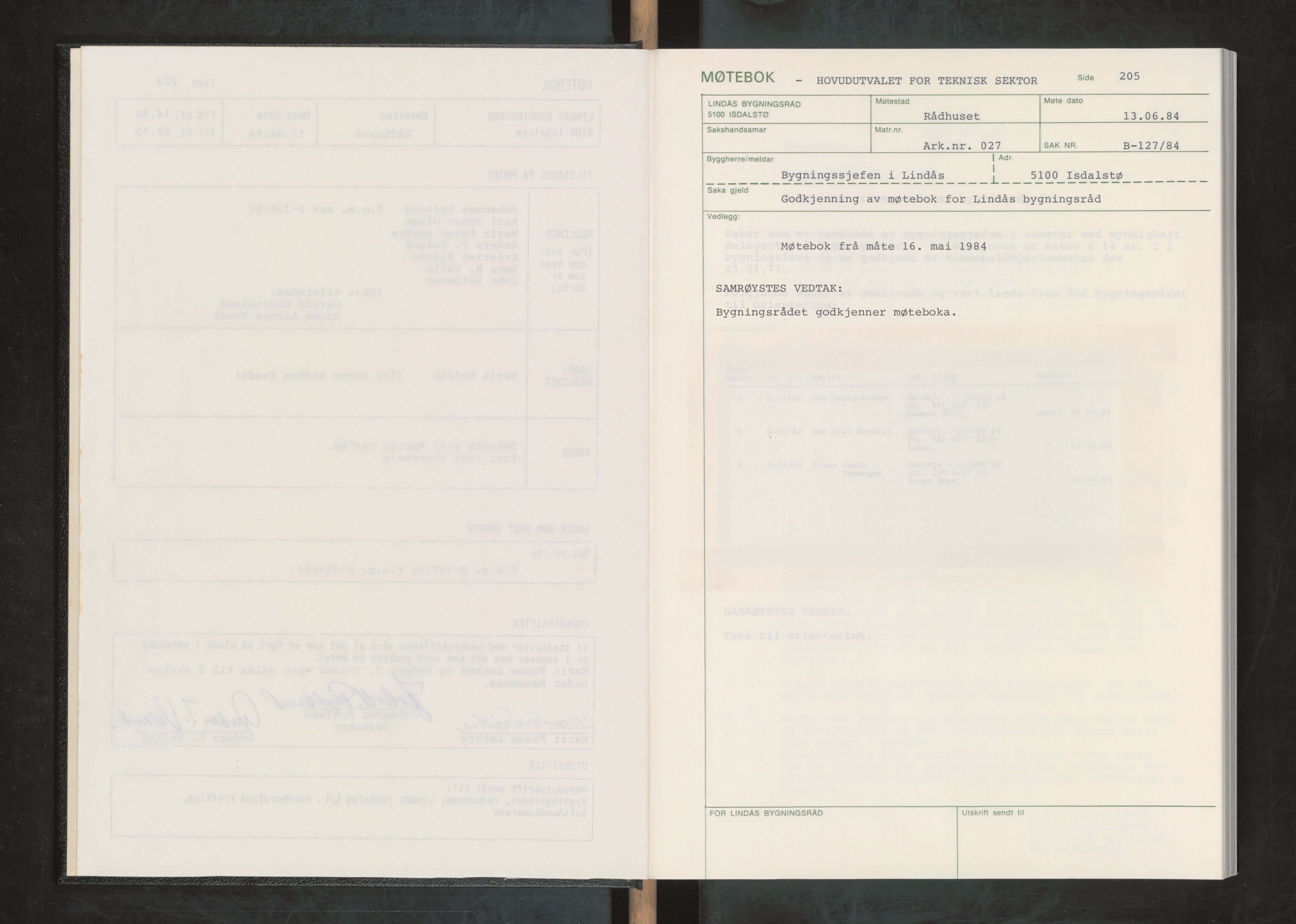 Lindås kommune. Bygningsrådet, IKAH/1263-511/A/Aa/L0052: Møtebok for Lindås bygningsråd, 1984