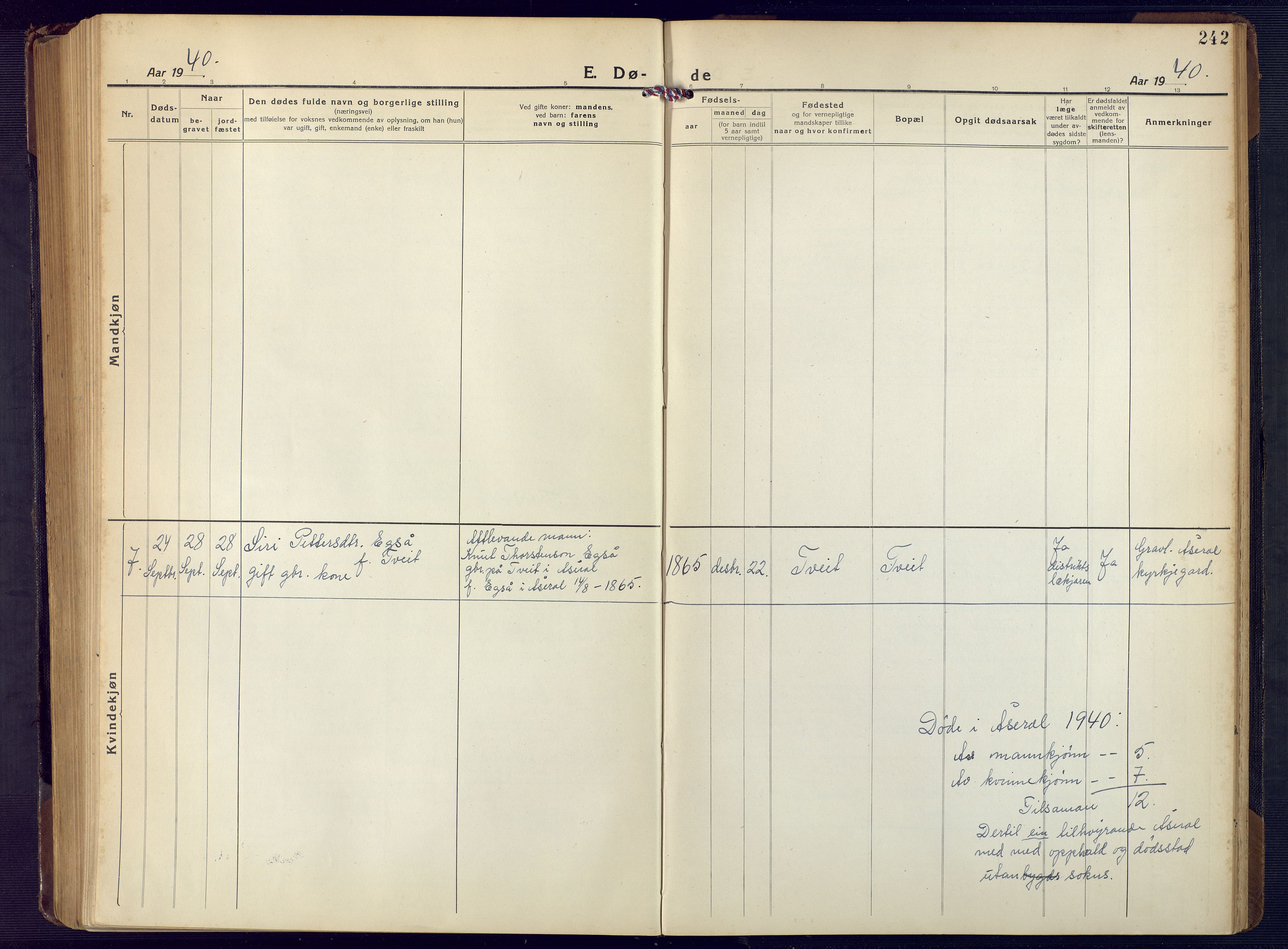 Åseral sokneprestkontor, SAK/1111-0051/F/Fb/L0004: Parish register (copy) no. B 4, 1920-1946, p. 242