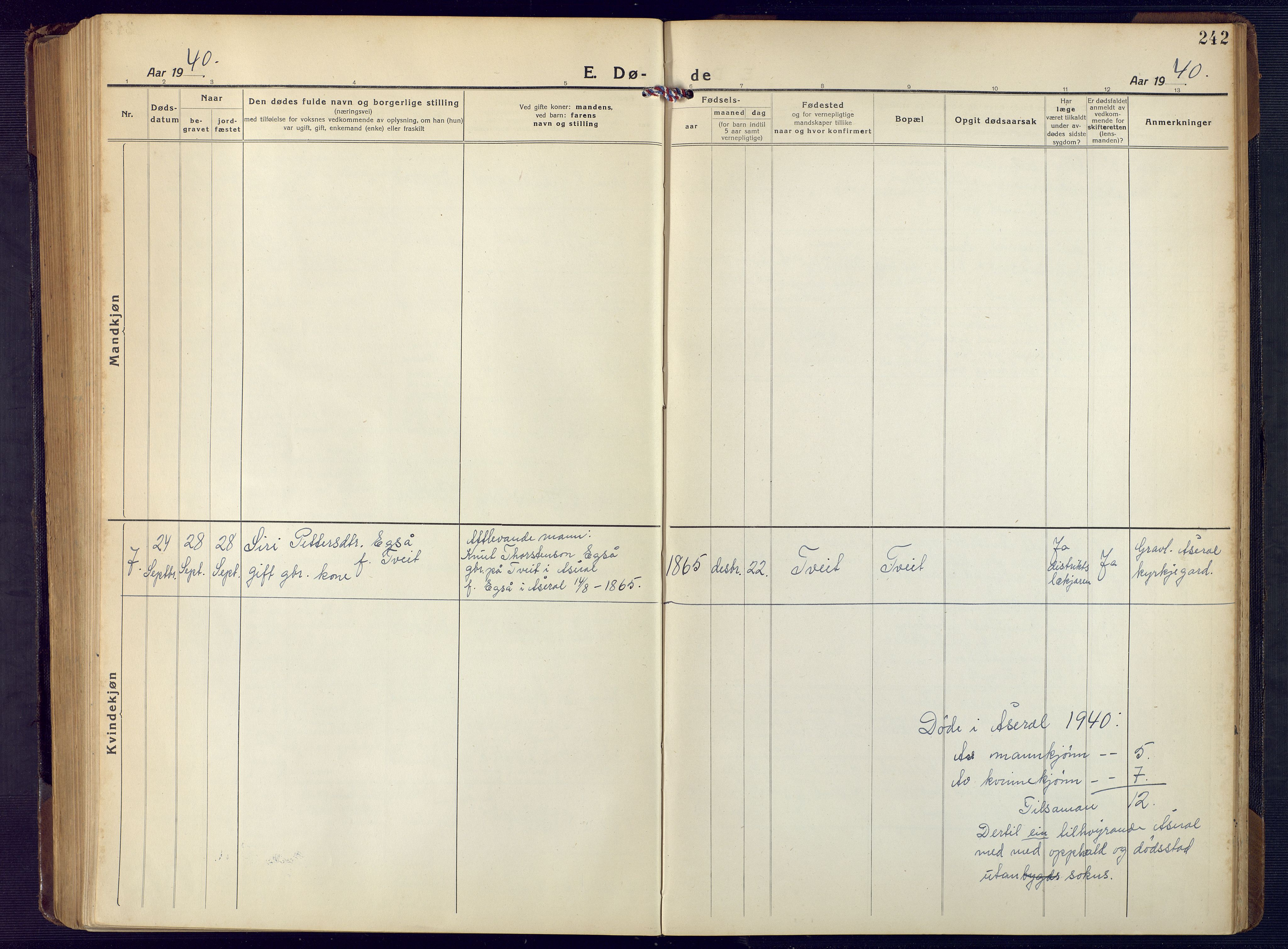 Åseral sokneprestkontor, AV/SAK-1111-0051/F/Fb/L0004: Parish register (copy) no. B 4, 1920-1946, p. 242