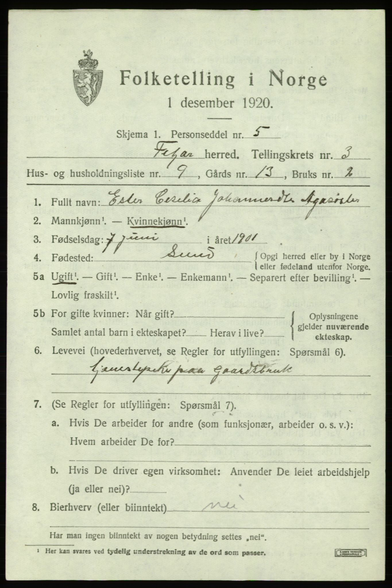 SAB, 1920 census for Fitjar, 1920, p. 2184