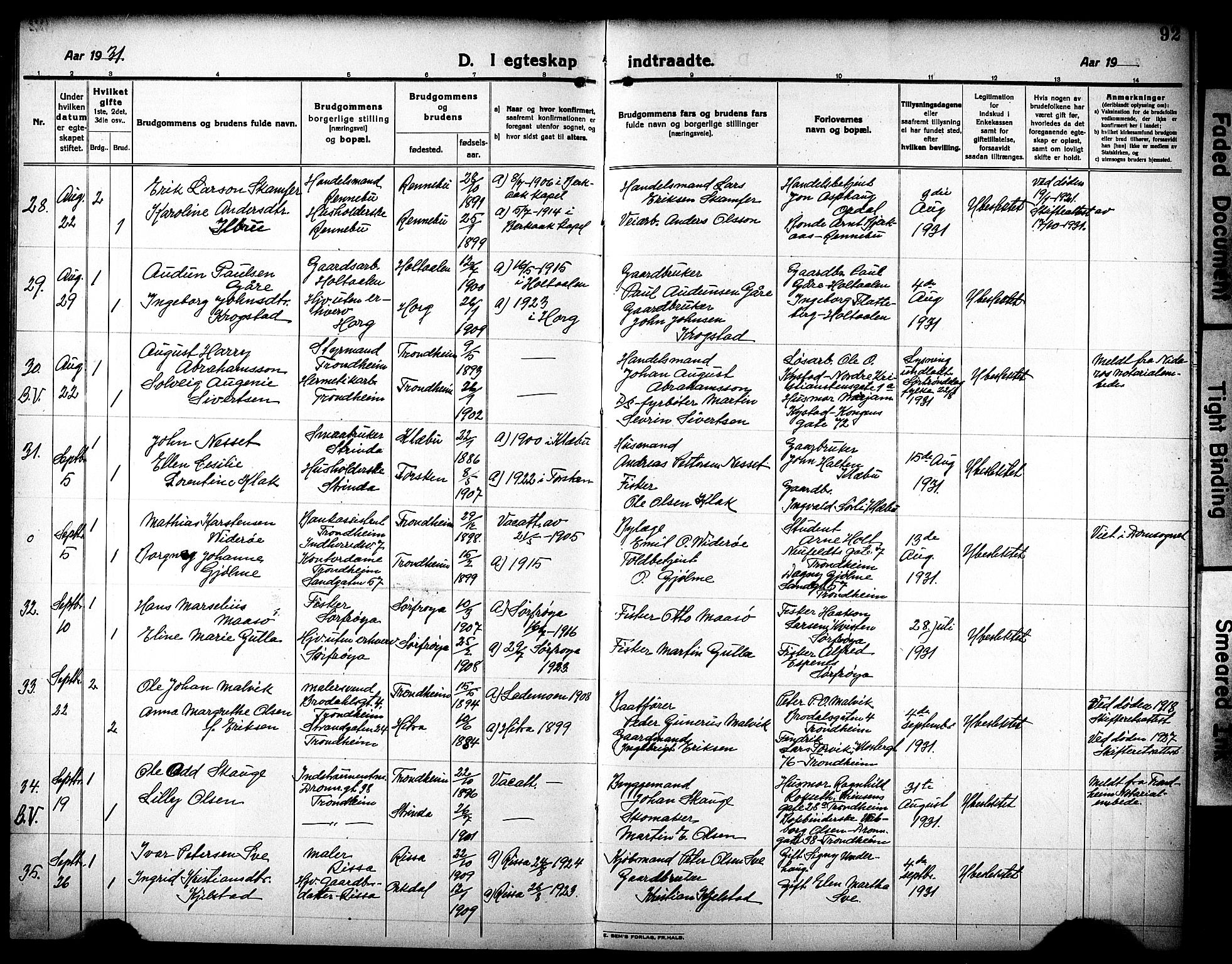 Ministerialprotokoller, klokkerbøker og fødselsregistre - Sør-Trøndelag, AV/SAT-A-1456/602/L0149: Parish register (copy) no. 602C17, 1919-1932, p. 92