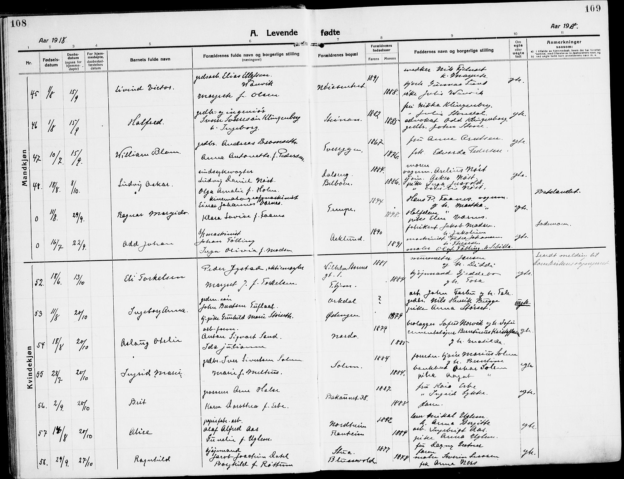 Ministerialprotokoller, klokkerbøker og fødselsregistre - Sør-Trøndelag, AV/SAT-A-1456/607/L0321: Parish register (official) no. 607A05, 1916-1935, p. 108-109