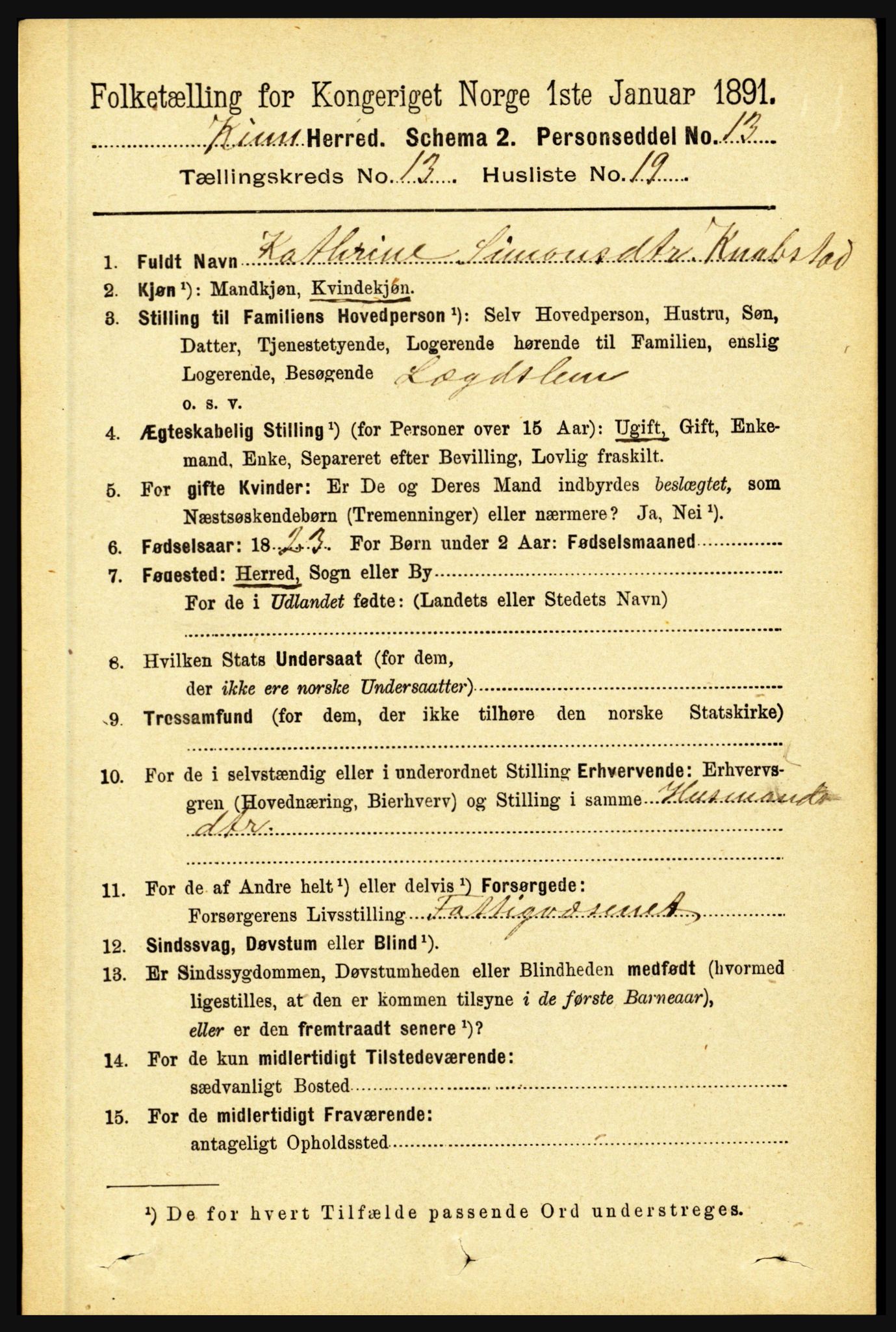 RA, 1891 census for 1437 Kinn, 1891, p. 5199