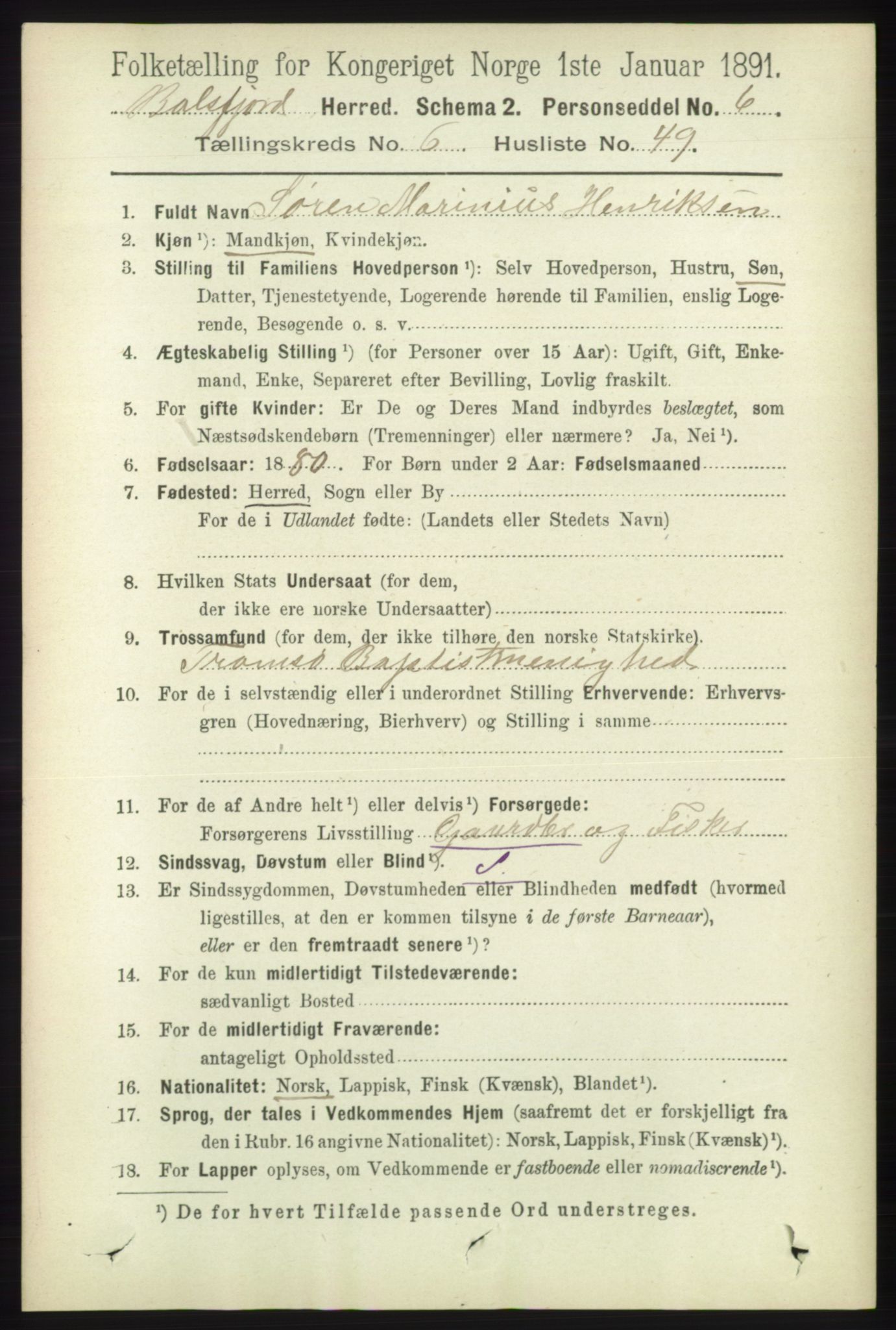 RA, 1891 census for 1933 Balsfjord, 1891, p. 1962