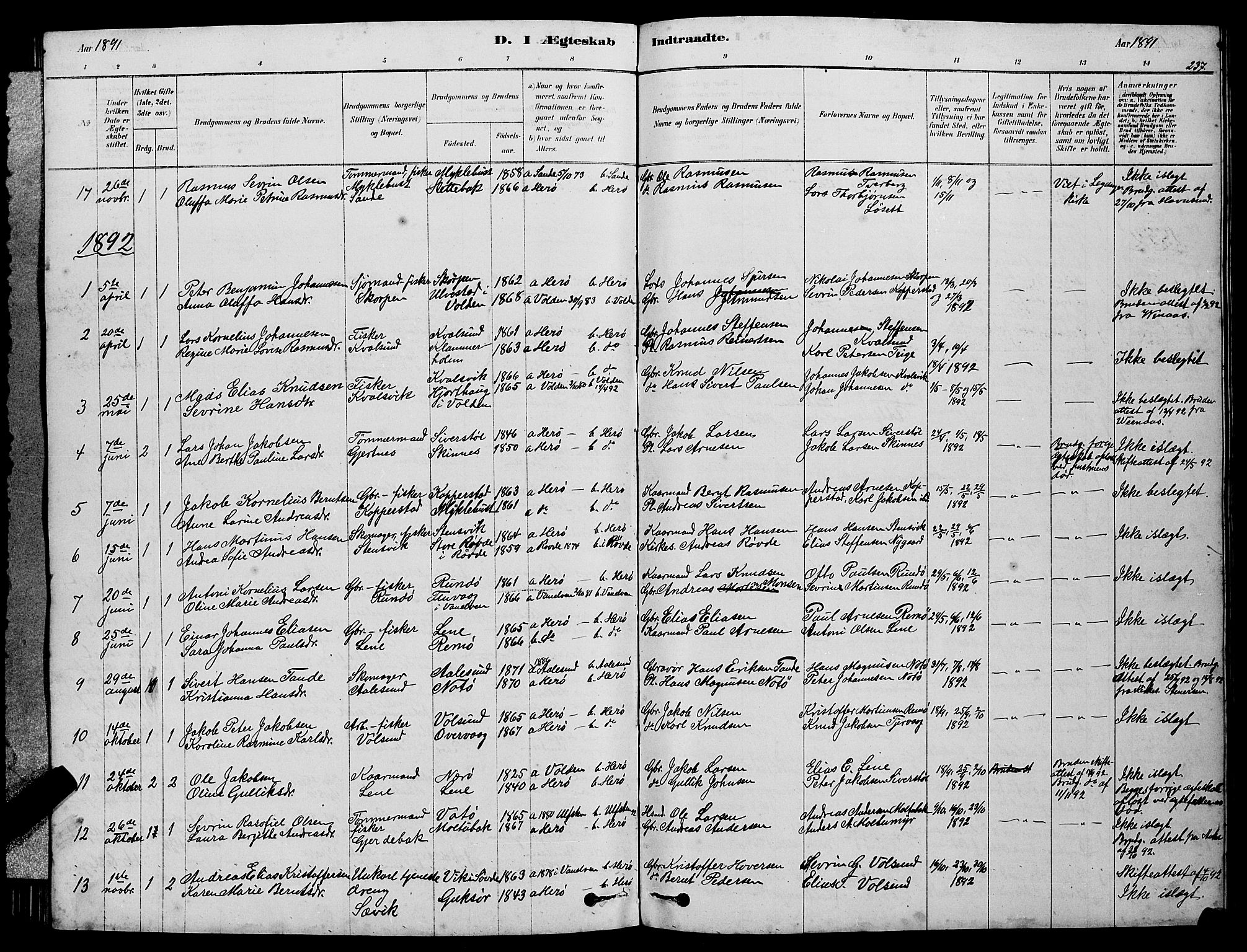 Ministerialprotokoller, klokkerbøker og fødselsregistre - Møre og Romsdal, AV/SAT-A-1454/507/L0081: Parish register (copy) no. 507C04, 1878-1898, p. 237