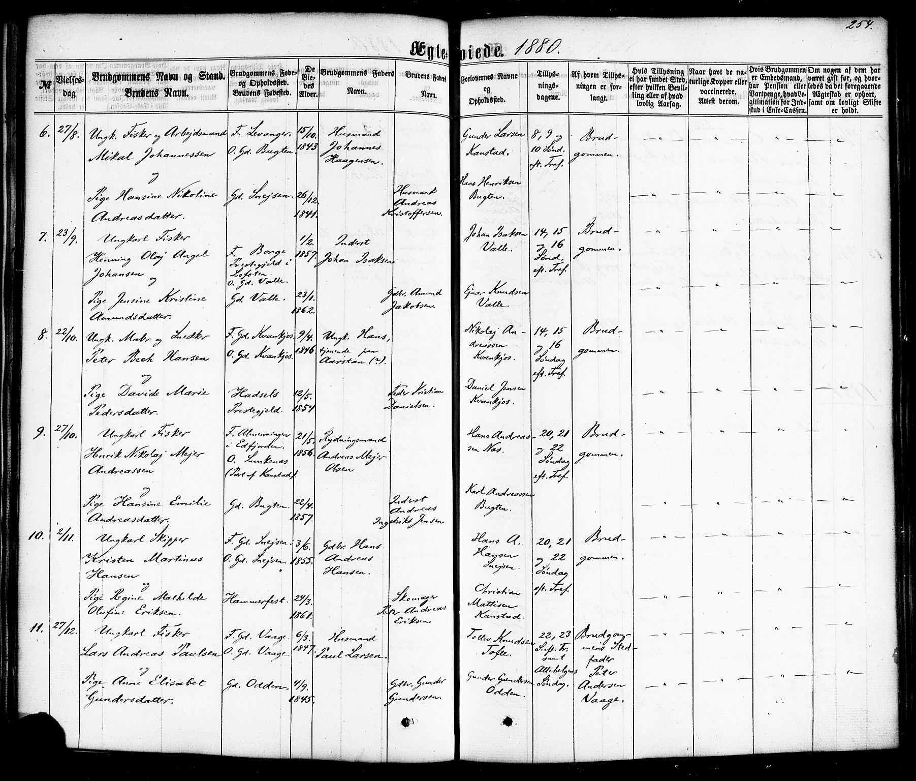 Ministerialprotokoller, klokkerbøker og fødselsregistre - Nordland, AV/SAT-A-1459/872/L1034: Parish register (official) no. 872A09, 1864-1884, p. 254