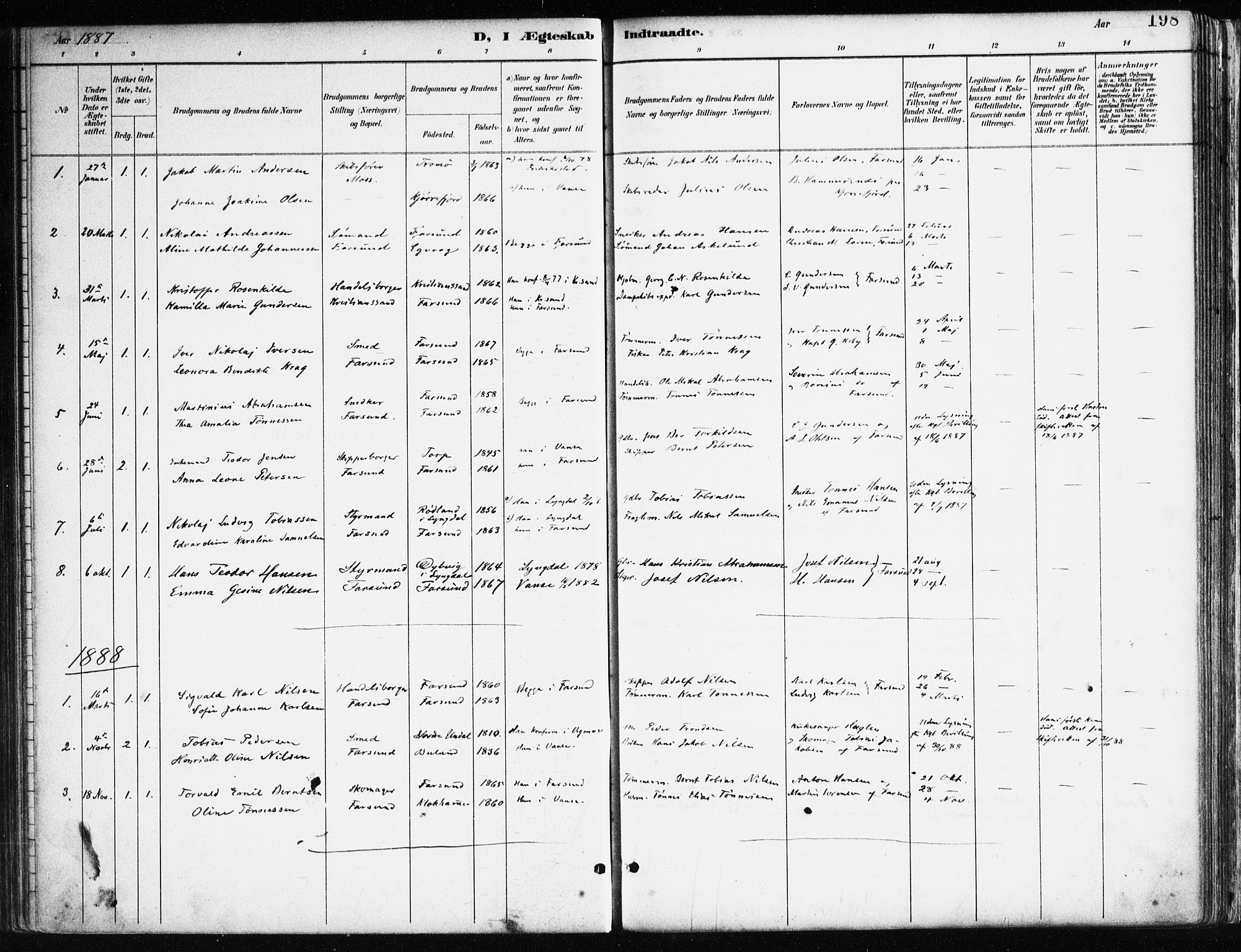 Farsund sokneprestkontor, SAK/1111-0009/F/Fa/L0006: Parish register (official) no. A 6, 1887-1920, p. 198