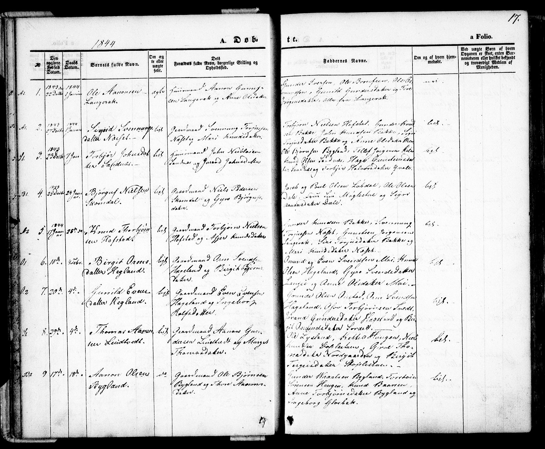 Bygland sokneprestkontor, AV/SAK-1111-0006/F/Fa/Fab/L0004: Parish register (official) no. A 4, 1842-1858, p. 17