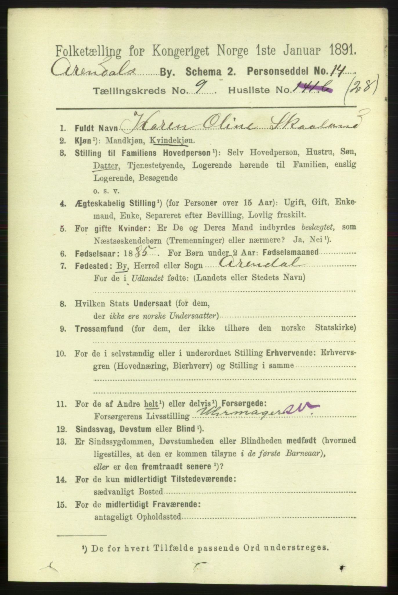 RA, 1891 census for 0903 Arendal, 1891, p. 3523