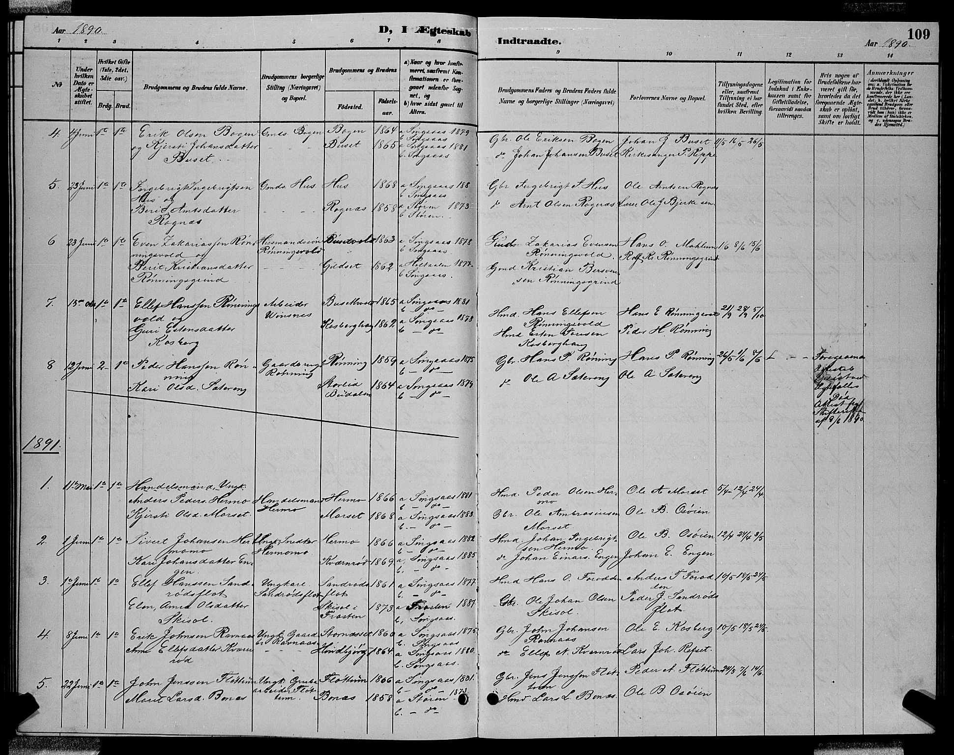 Ministerialprotokoller, klokkerbøker og fødselsregistre - Sør-Trøndelag, SAT/A-1456/688/L1028: Parish register (copy) no. 688C03, 1889-1899, p. 109