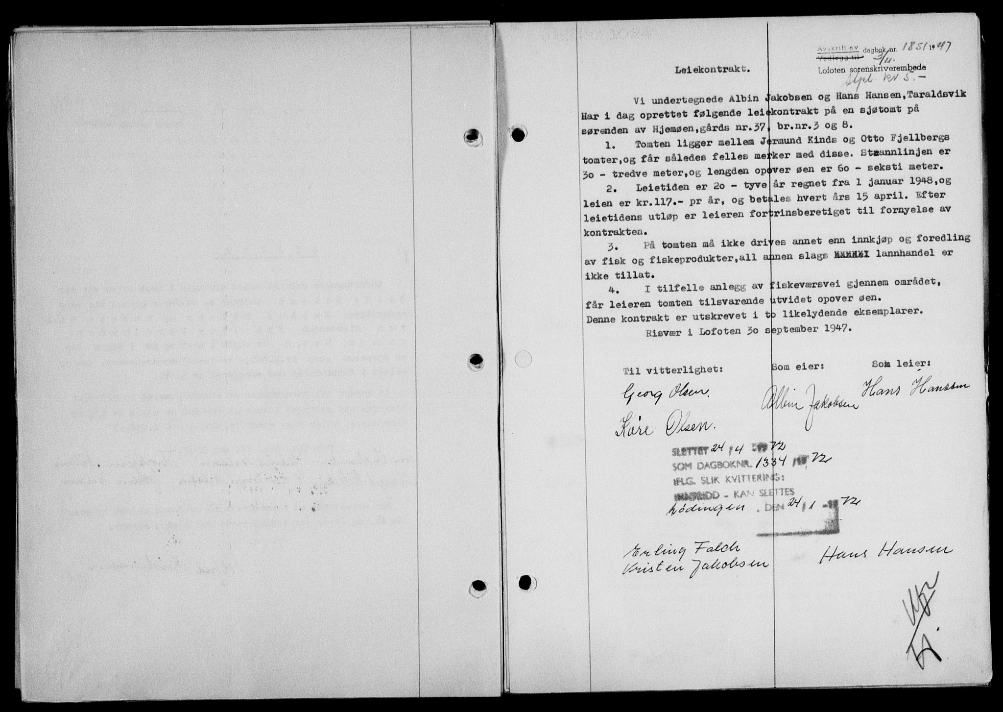 Lofoten sorenskriveri, SAT/A-0017/1/2/2C/L0017a: Mortgage book no. 17a, 1947-1948, Diary no: : 1851/1947