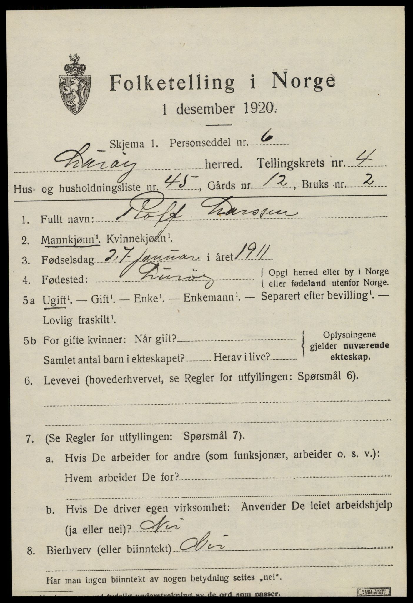 SAT, 1920 census for Lurøy, 1920, p. 2597