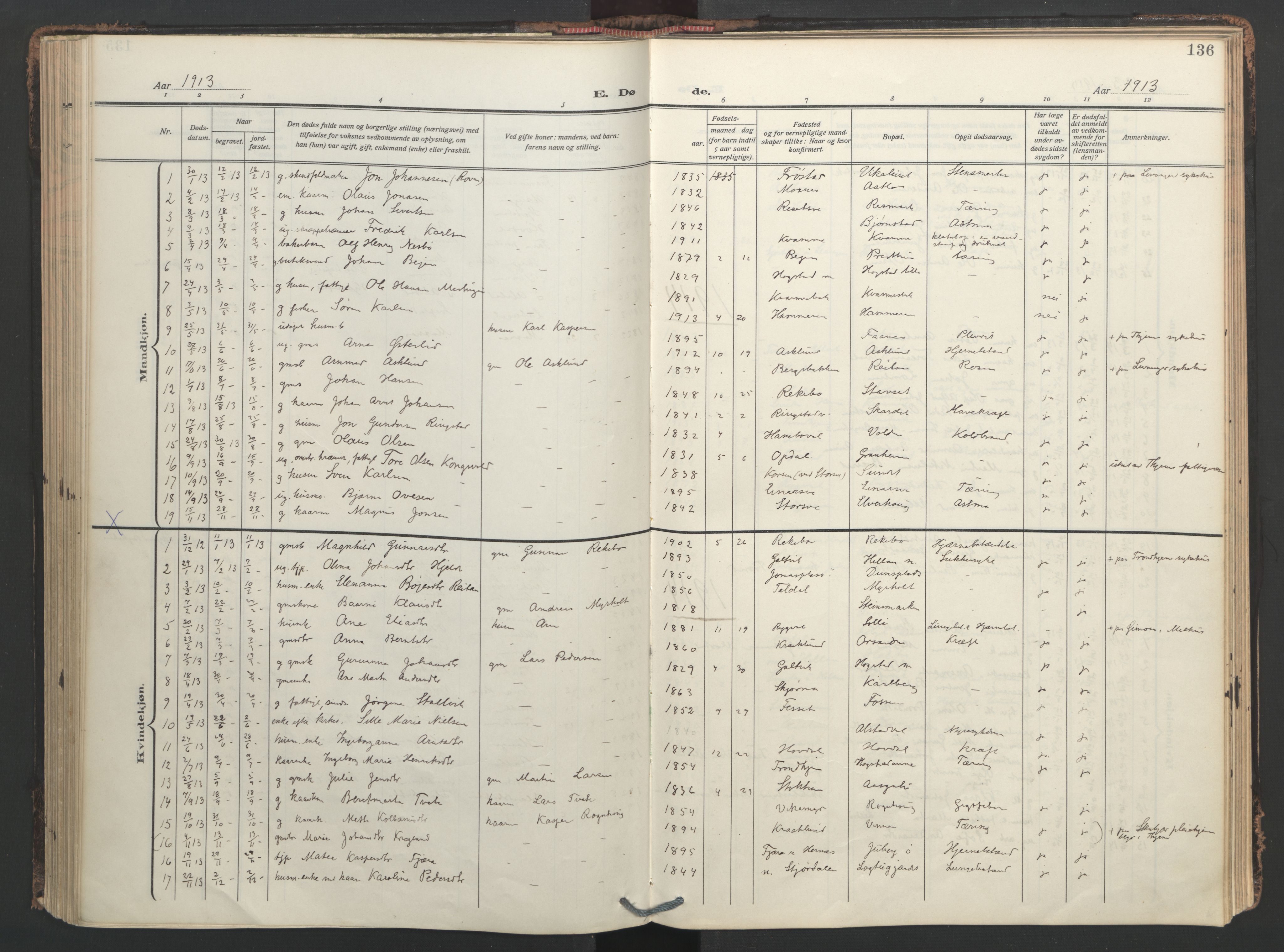 Ministerialprotokoller, klokkerbøker og fødselsregistre - Nord-Trøndelag, AV/SAT-A-1458/713/L0123: Parish register (official) no. 713A12, 1911-1925, p. 136