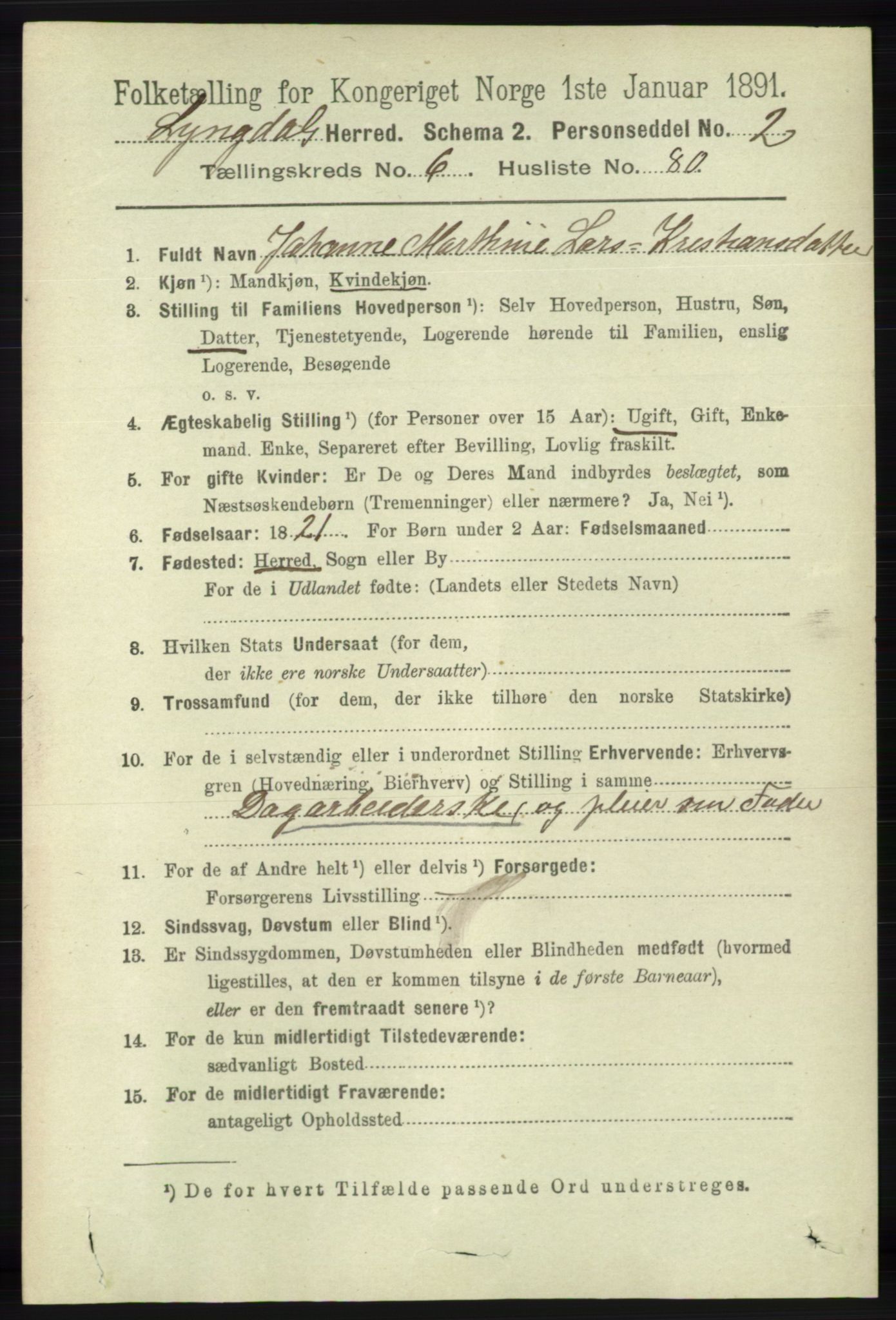 RA, 1891 census for 1032 Lyngdal, 1891, p. 2821