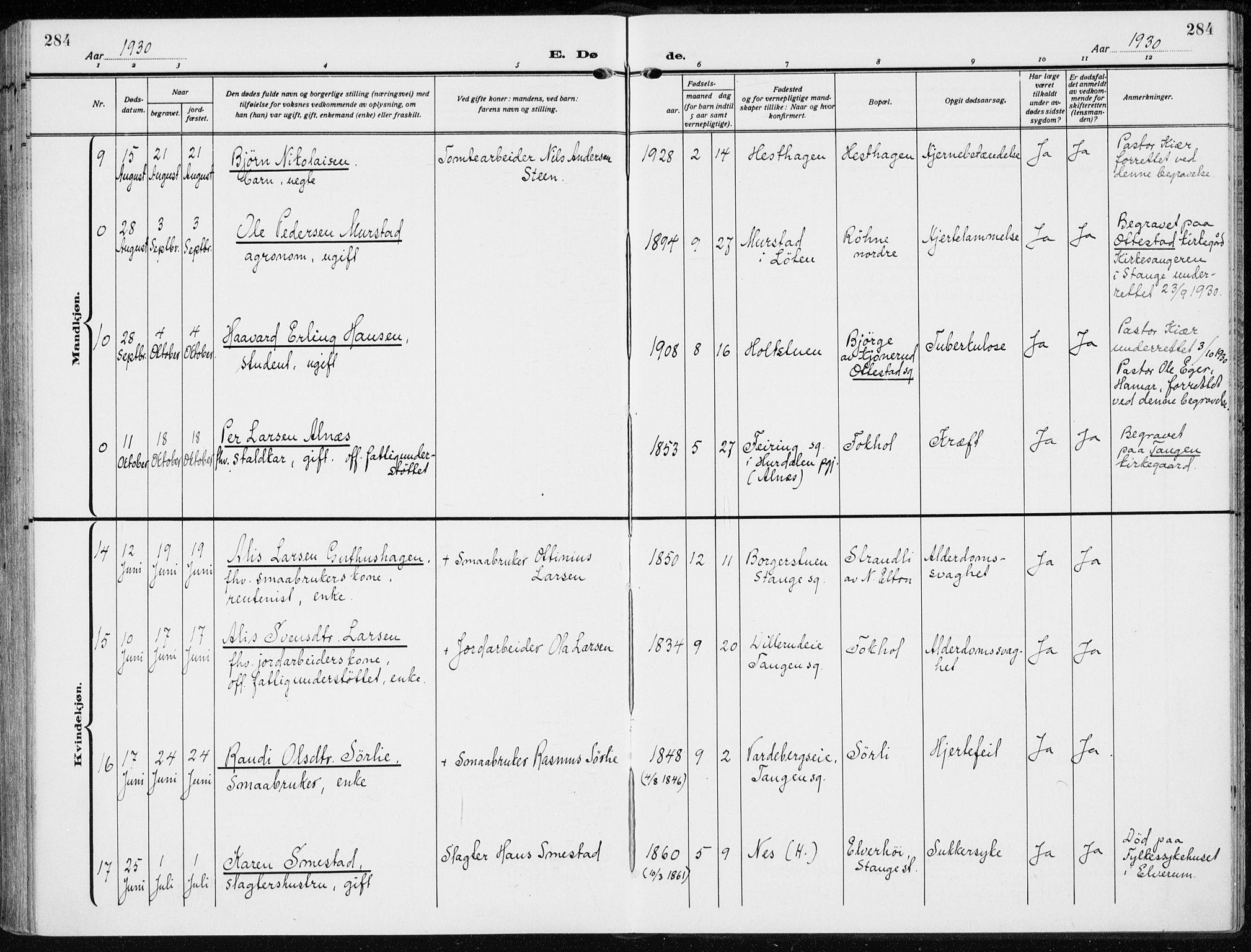 Stange prestekontor, AV/SAH-PREST-002/K/L0026: Parish register (official) no. 26, 1923-1937, p. 284