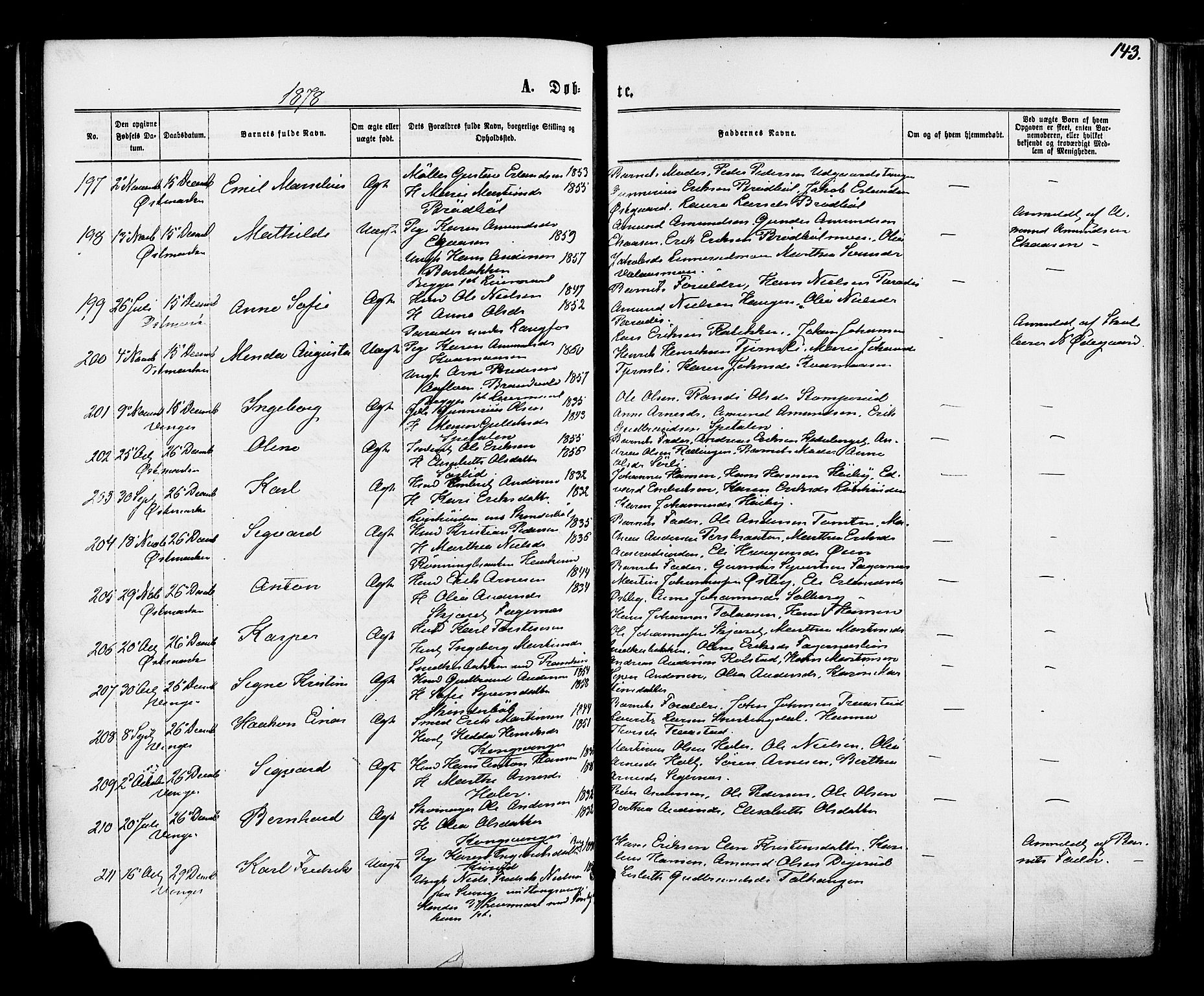 Vinger prestekontor, AV/SAH-PREST-024/H/Ha/Haa/L0012: Parish register (official) no. 12, 1871-1880, p. 143