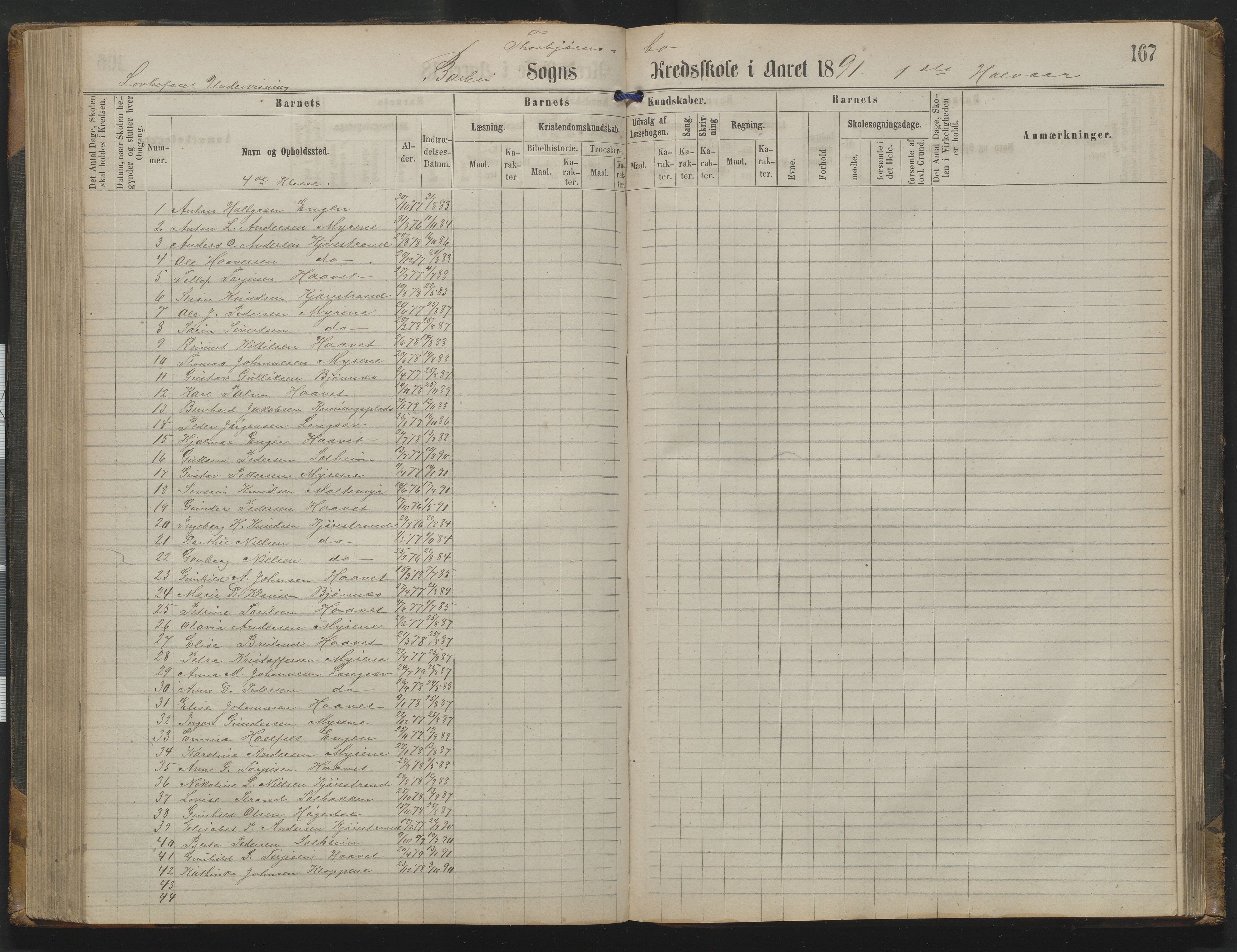 Arendal kommune, Katalog I, AAKS/KA0906-PK-I/07/L0342: Protokoll Torbjørnsbu skole, 1869-1890, p. 167