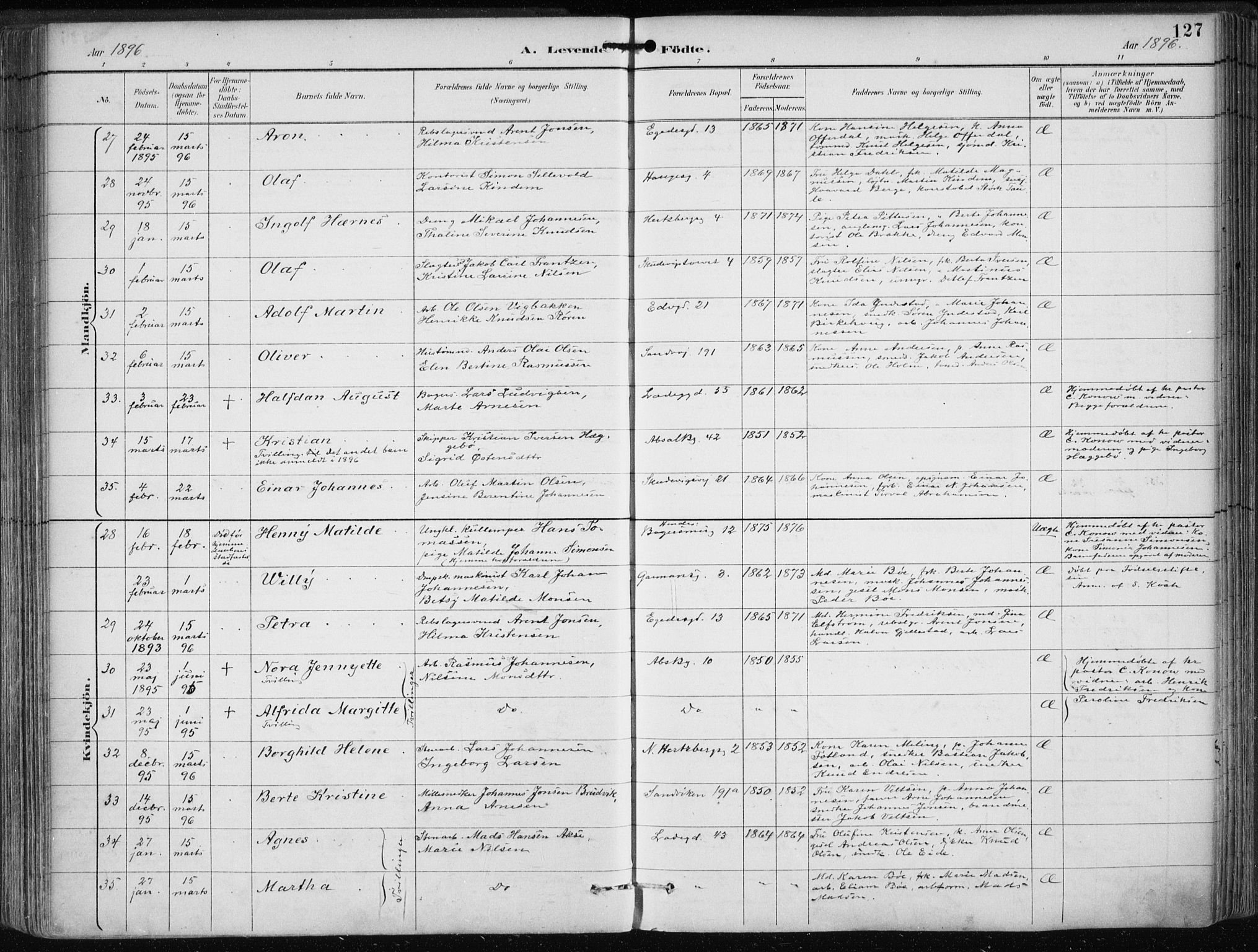 Sandviken Sokneprestembete, SAB/A-77601/H/Ha/L0005: Parish register (official) no. B 2, 1891-1901, p. 127